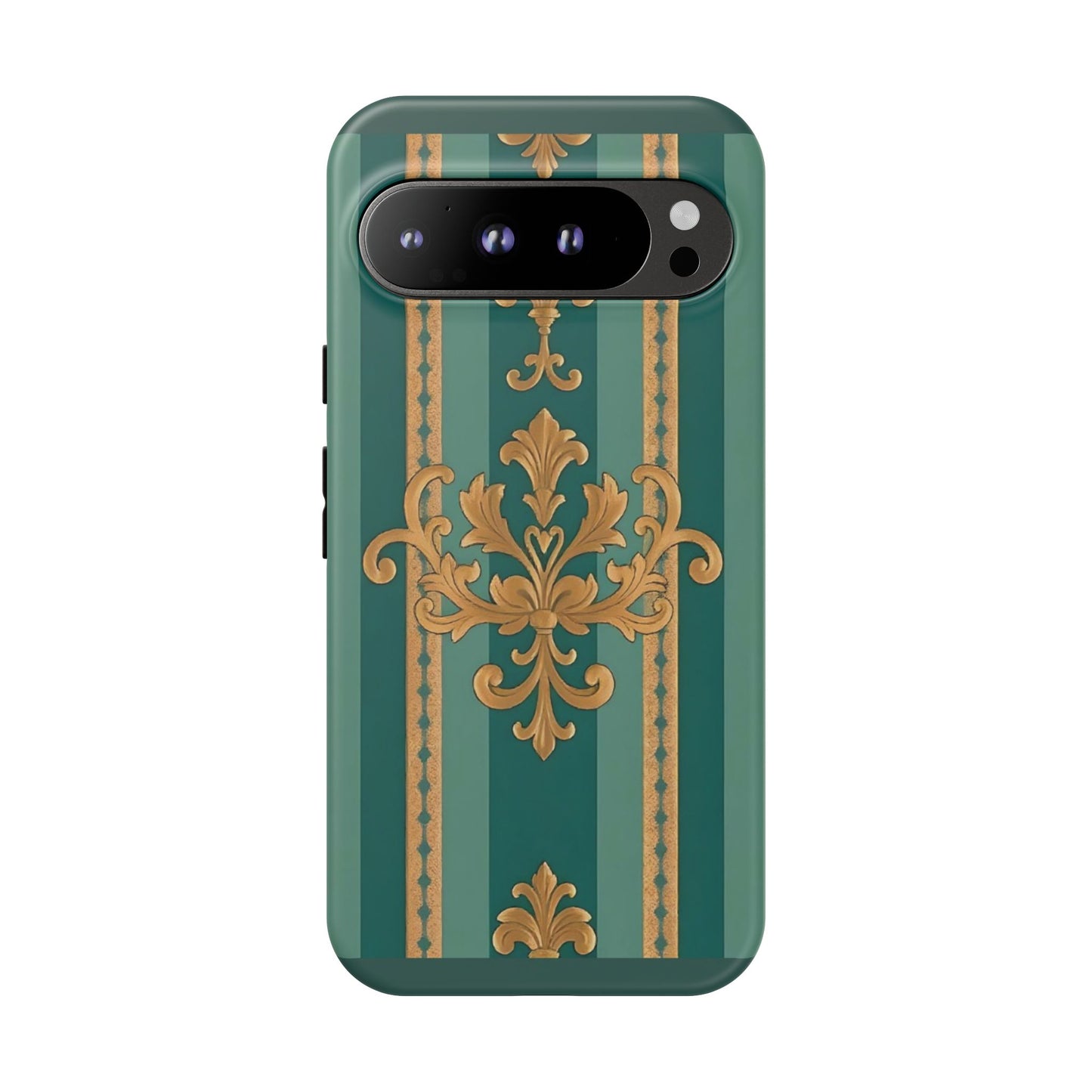 Elegant Floral Motif Phone Case - Tough Cases with Vintage Design - Teal Striped Gold Damask