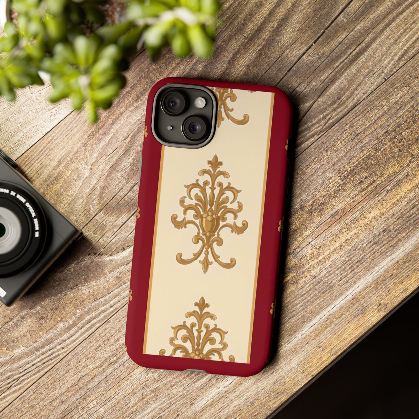 Elegant Floral Motif Phone Case - Tough Cases with Vintage Design - Dusk Red Striped Gold Damask