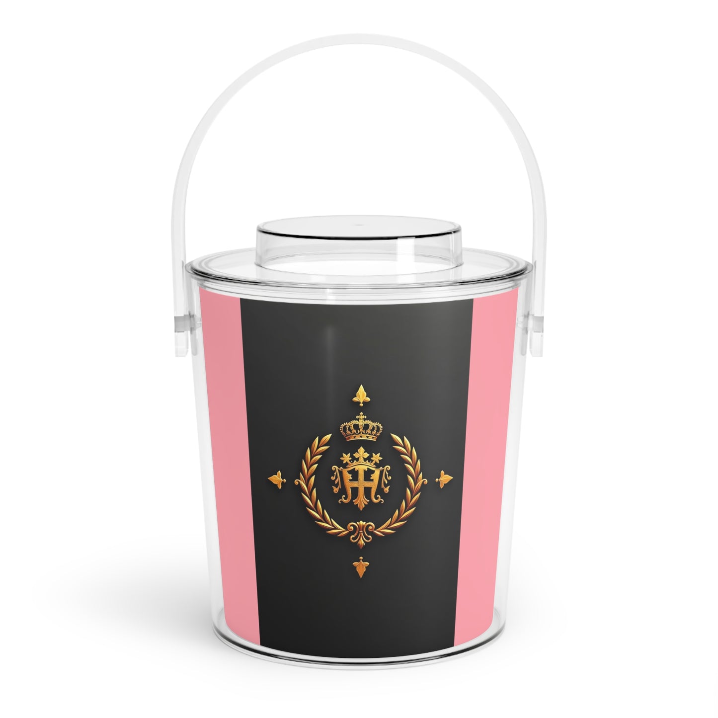 Elegant Ice Bucket with Tongs - Perfect for Parties, Bars, Weddings, Gift for Wine Lovers, Home Decor - Pink Striped Gold Crest