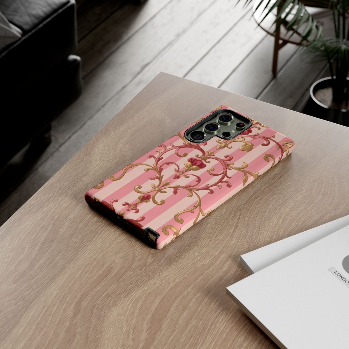 Elegant Floral Motif Phone Case - Tough Cases with Vintage Design - Pink Striped Rose Gold Damask
