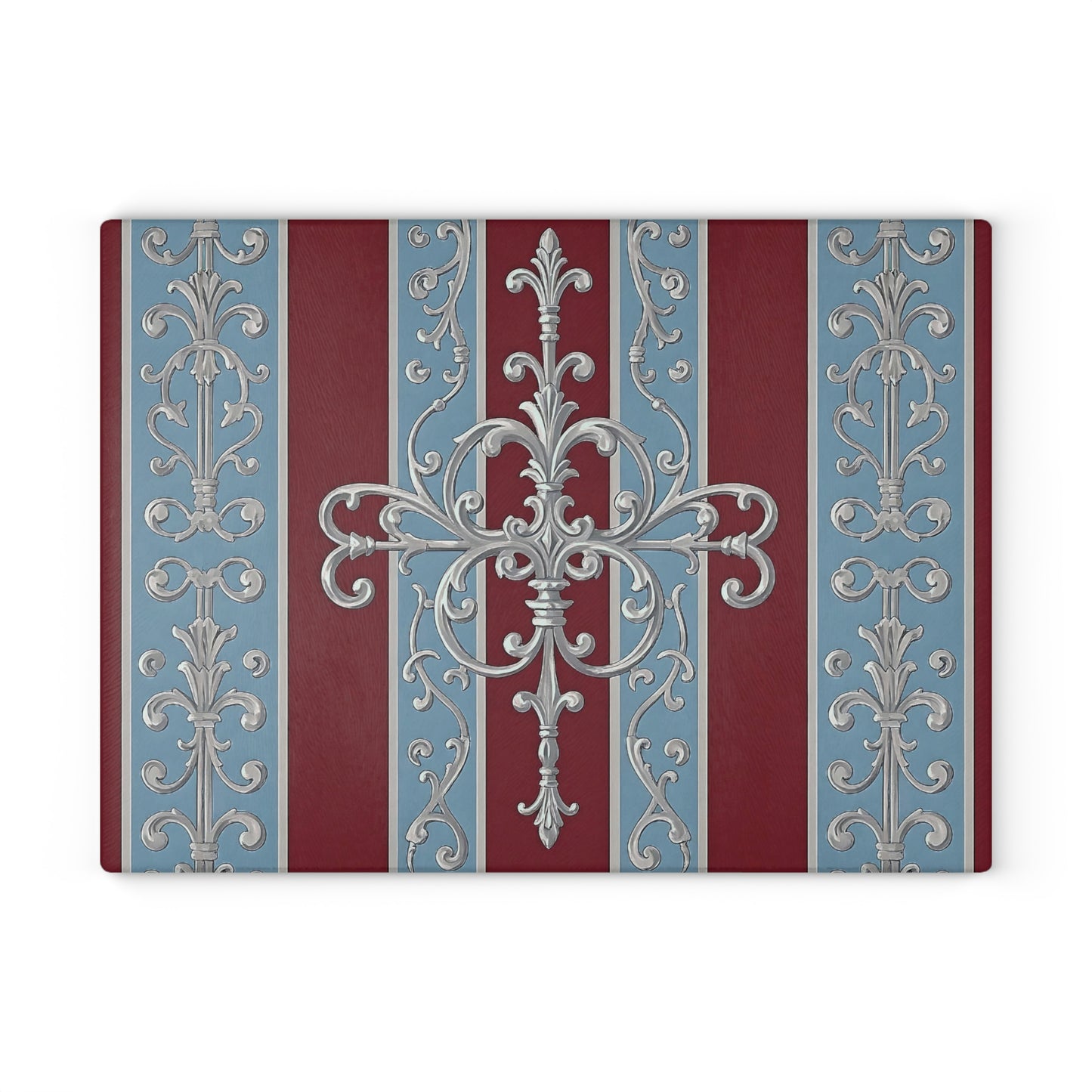 Elegant Floral Cutting Board for Home Chefs, Kitchen Decor, Gift for Weddings, Housewarmings - Ice Blue & Burgundy Striped Baroque