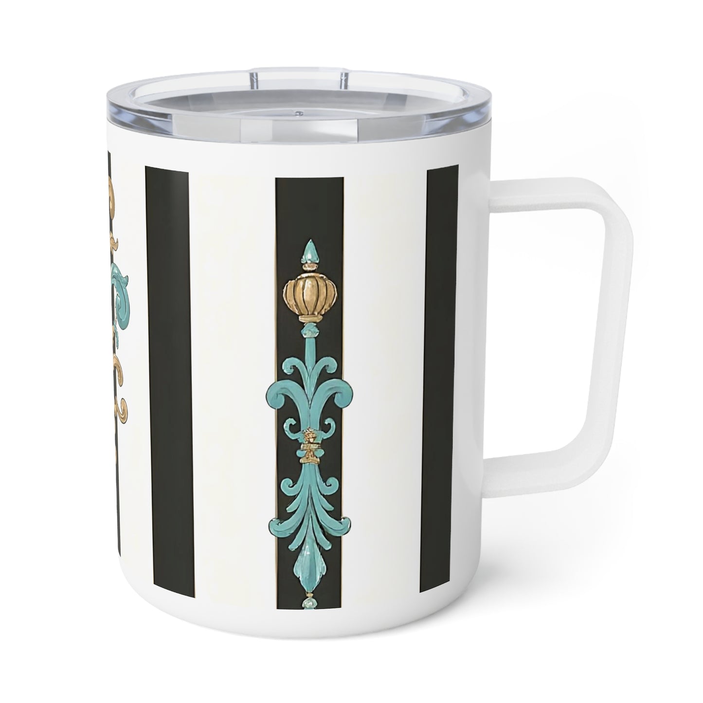 Elegant Vintage Insulated Coffee Mug, 10oz | Floral Design | Perfect for Home, Gifts, Mother's Day, Weddings - Black Striped Turquoise & Black Rococo