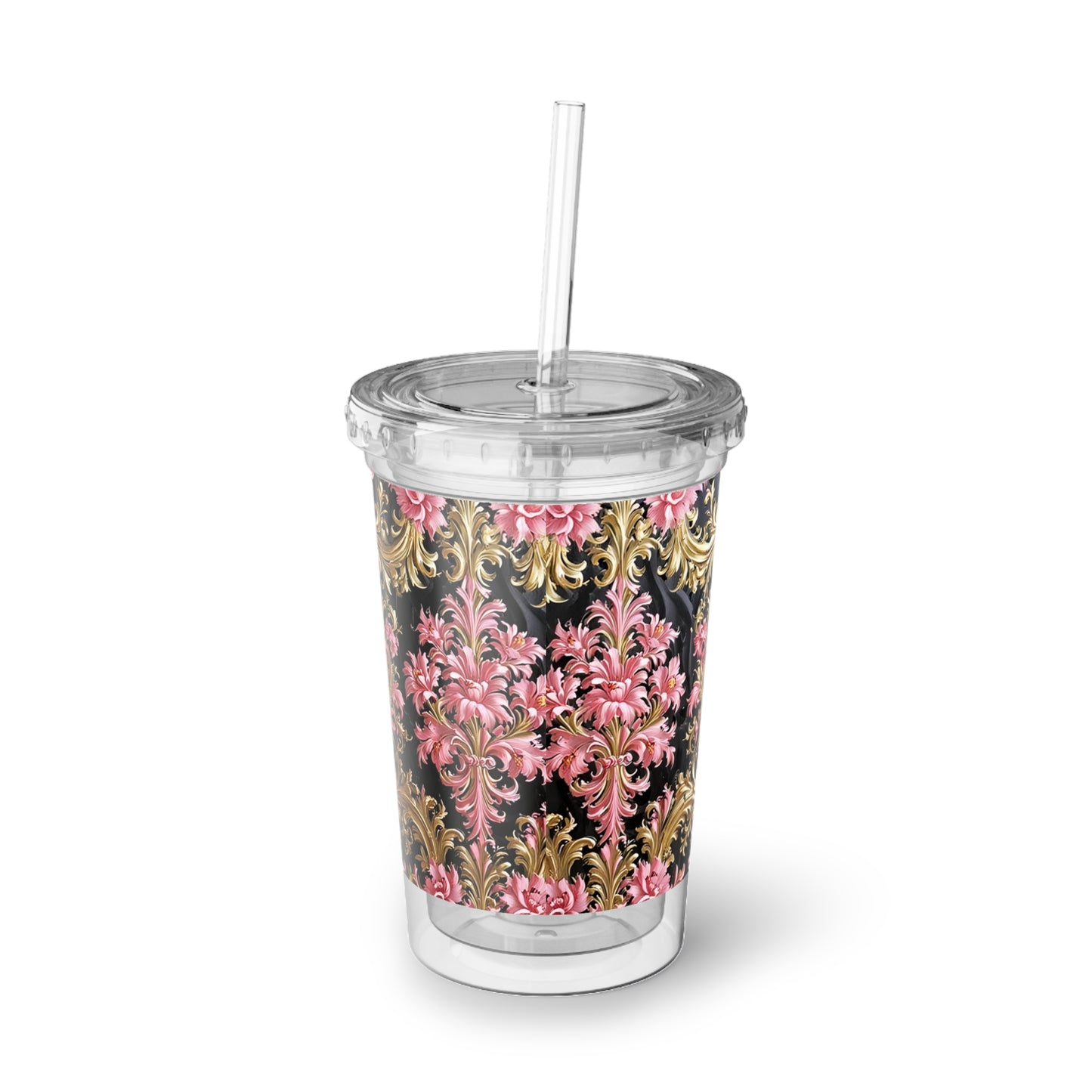 Chic Floral Acrylic Cup, Stylish Drinkware, Floral Tumbler, Gift for Her, Travel Cup, Coffee Cup, Party Favor - Black & Pink Oil Painting Style Rococo