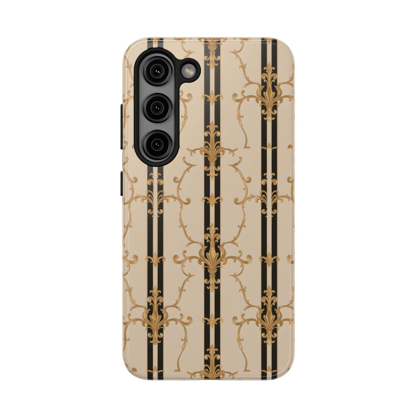 Elegantly Tough Phone Cases | Stylish Phone Covers, Durable Cases, Fashionable Accessories - Black & Beige Striped Damask