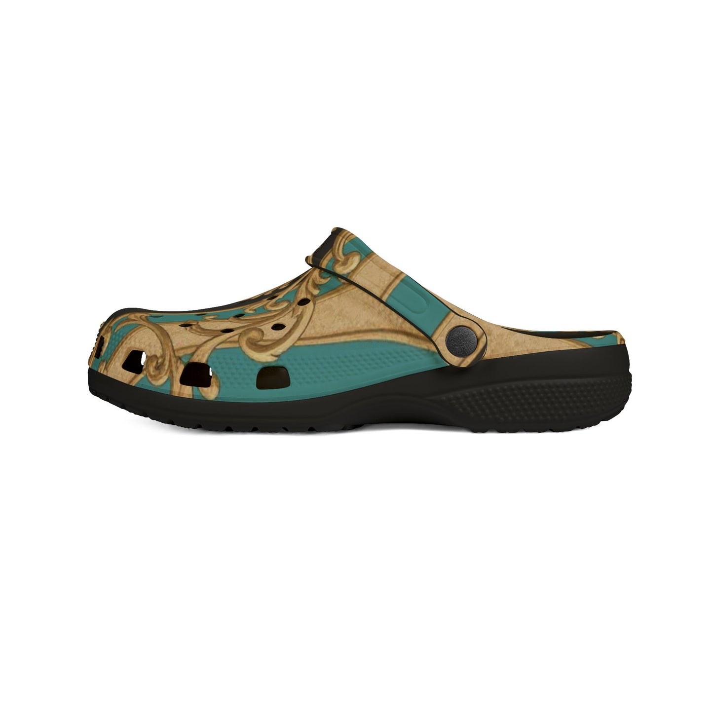 Stylish Black, Tan & Ocean Green Striped Gold Baroque  EVA Foam Rubber Clogs, Trendy Garden Shoes, Fashionable Slip-Ons