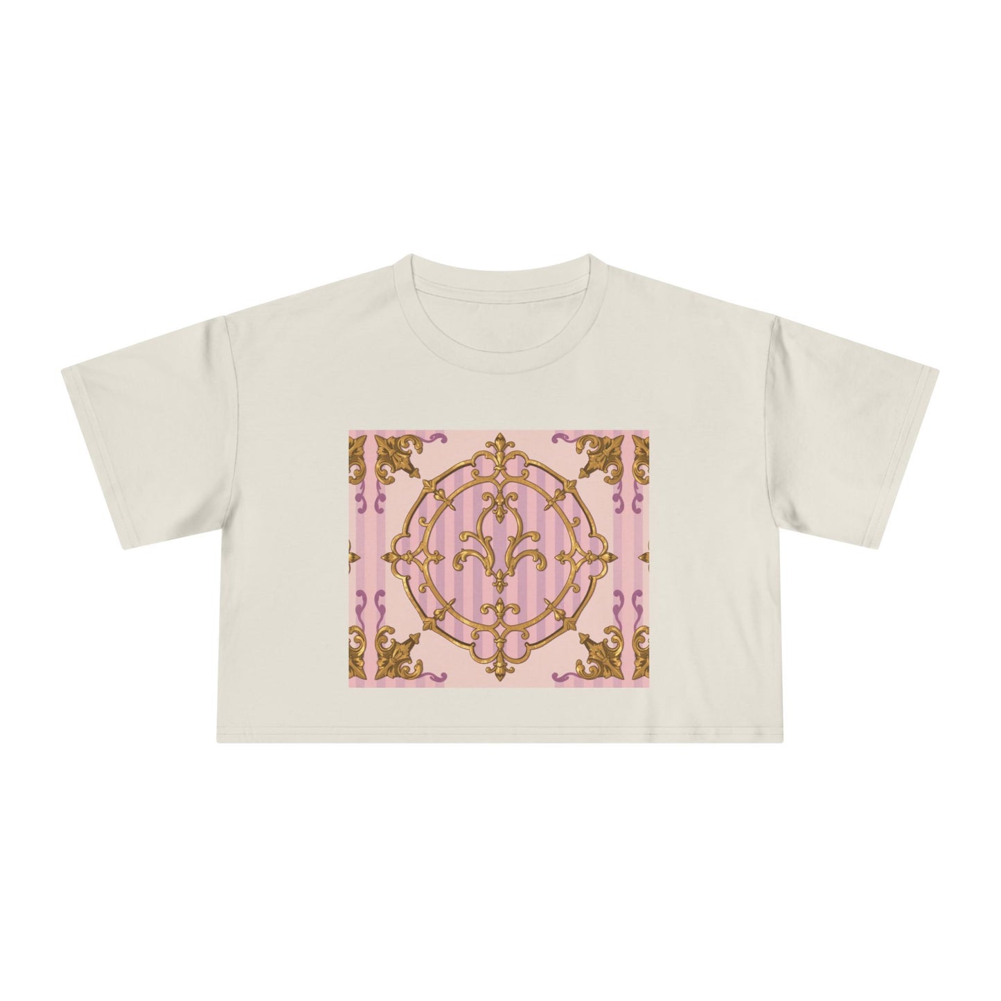 Chic Women's Crop Tee with Elegant Lavender & Alabaster Striped Gold Baroque Print - Perfect for Fashionistas, Festivals, Gifts, Summer Wear