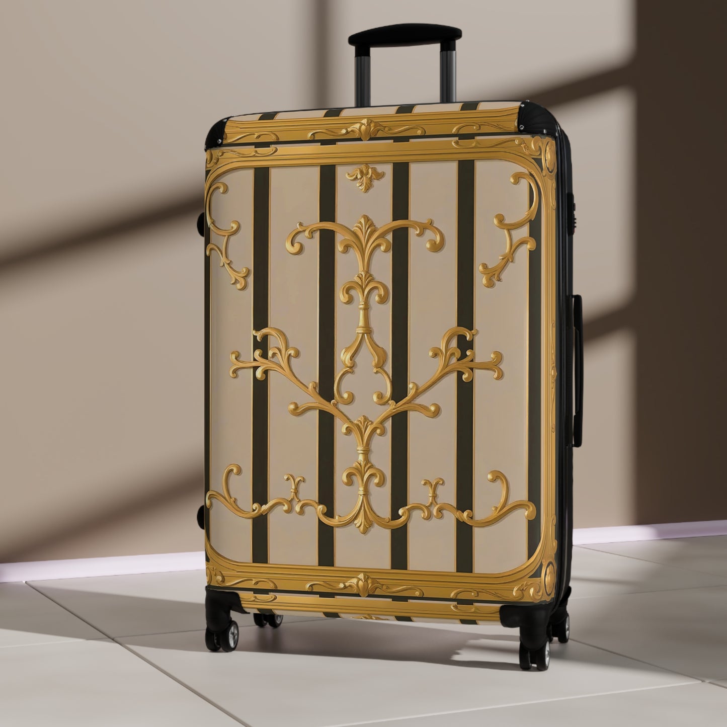 Elegant Travel Suitcase with Vintage Design, Stylish Luggage for Adventurers, Holiday Travel Gear - Beige Striped Gold Rococo