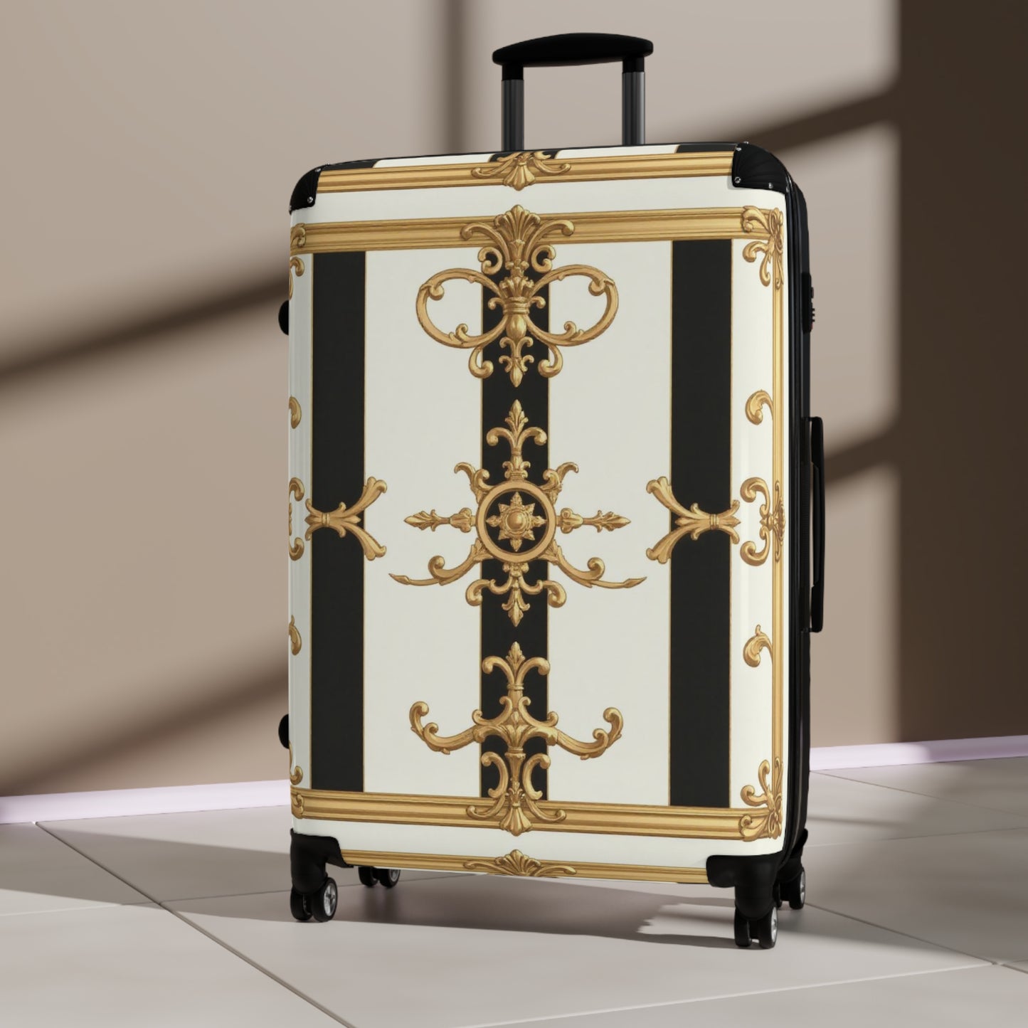 Elegant Black and Gold Travel Suitcase, Luxurious Luggage for Fashionable Travelers, Stylish Carry-On - Black & White Striped Gold Baroque