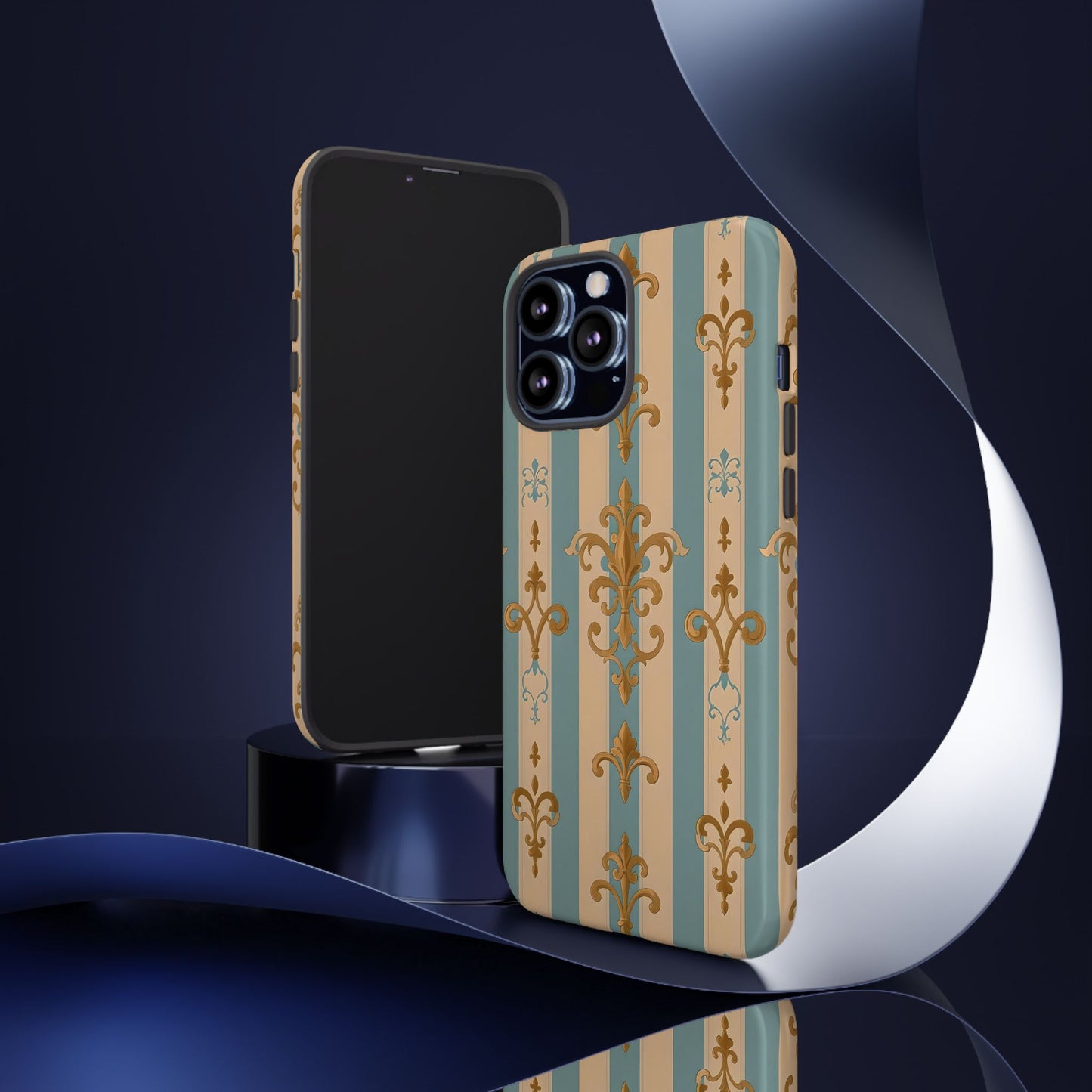 Elegant Floral Motif Phone Case - Tough Cases with Vintage Design -  Beige & Sky Blue Striped Gold Damask