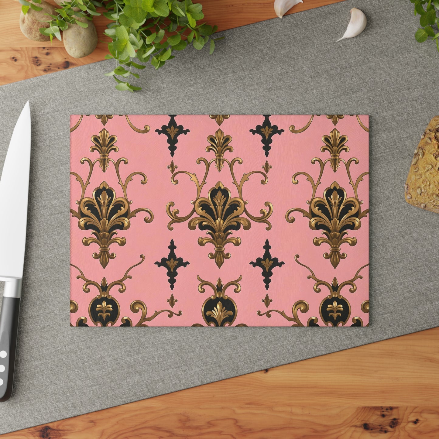 Elegant Pink Floral Glass Cutting Board with Gold Accents, Kitchen Decor, Gift for Home Cooking, Wedding Gift - Pink, Black & Gold Rococo