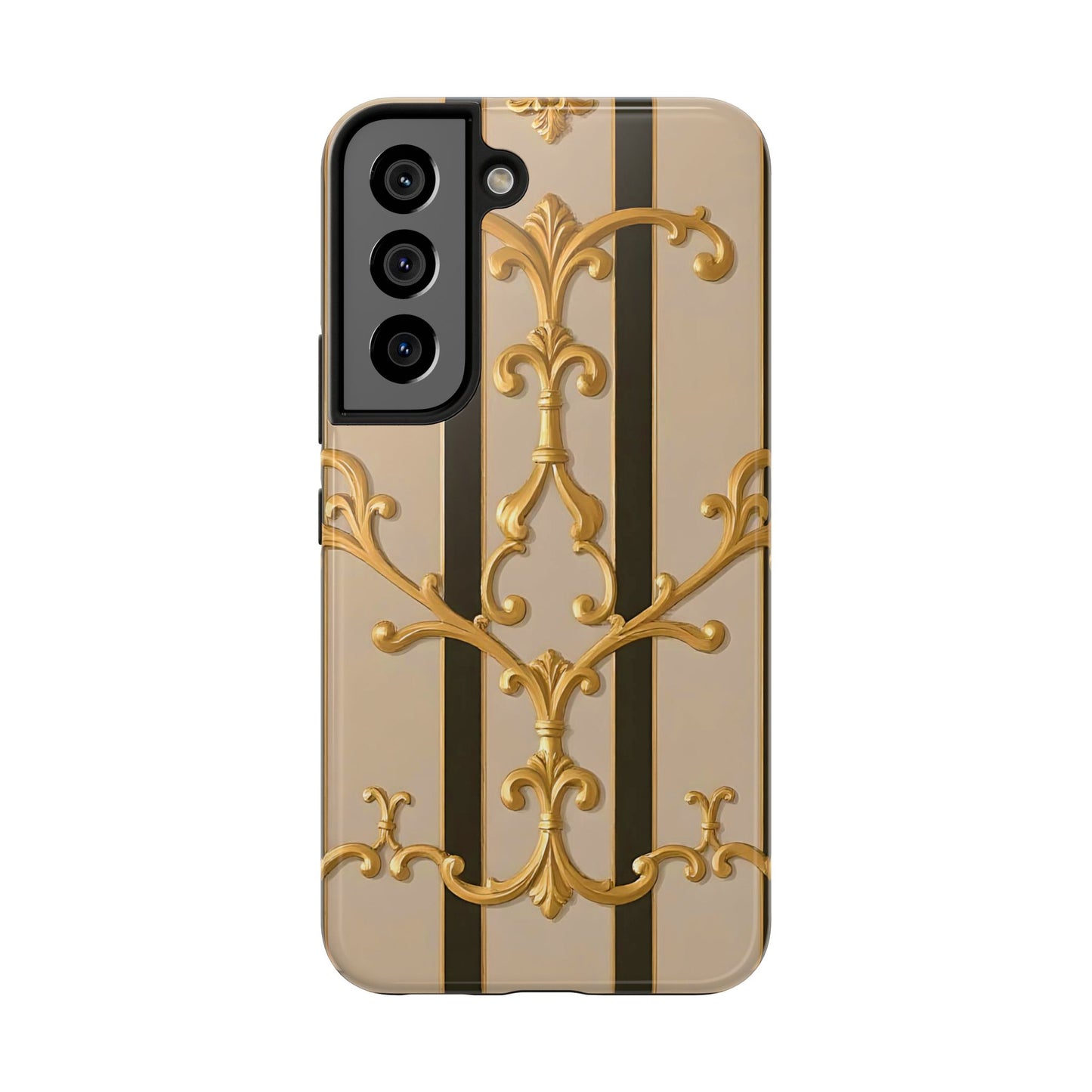 Elegant Vintage Tough Phone Case, Stylish Phone Cover, Boho Accessories, Perfect Gift for Her - Beige Striped Gold Rococo