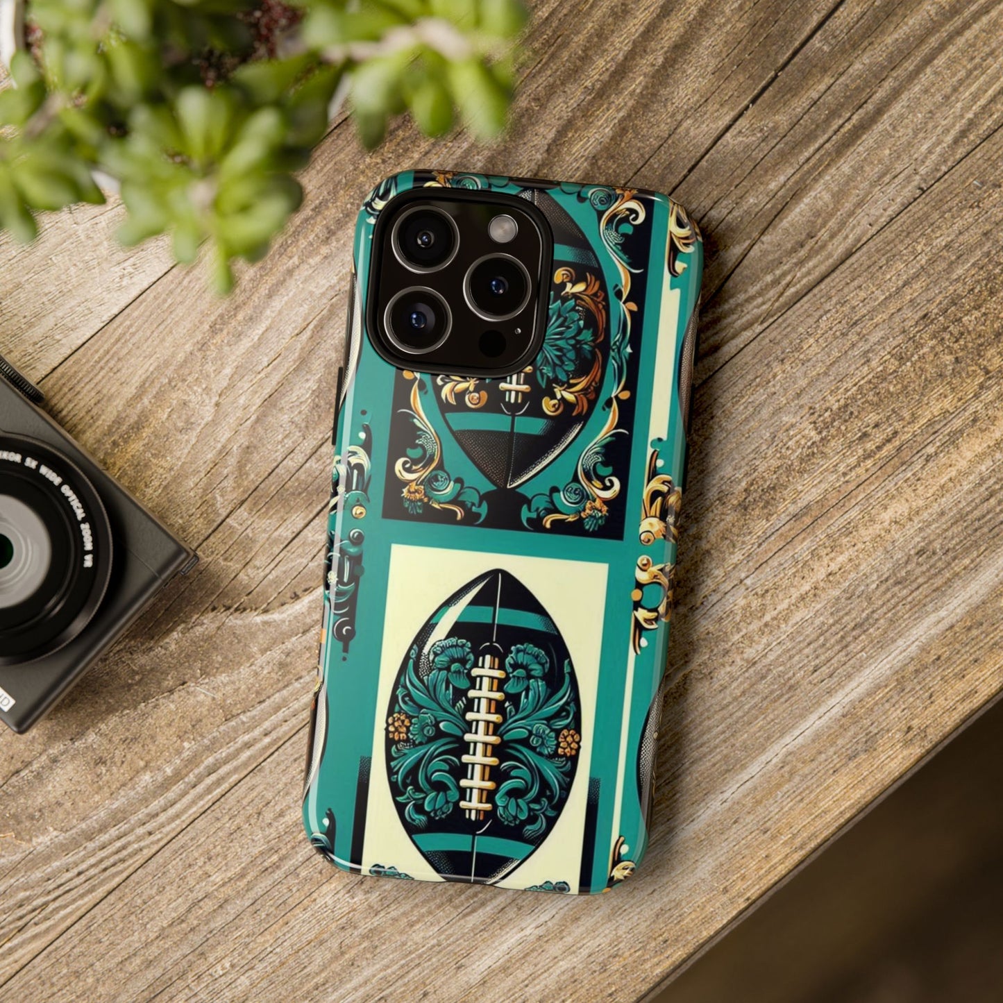 Elegant Floral Motif Phone Case - Tough Cases with Vintage Design -  Damask Teal, Gold & Black Footballs