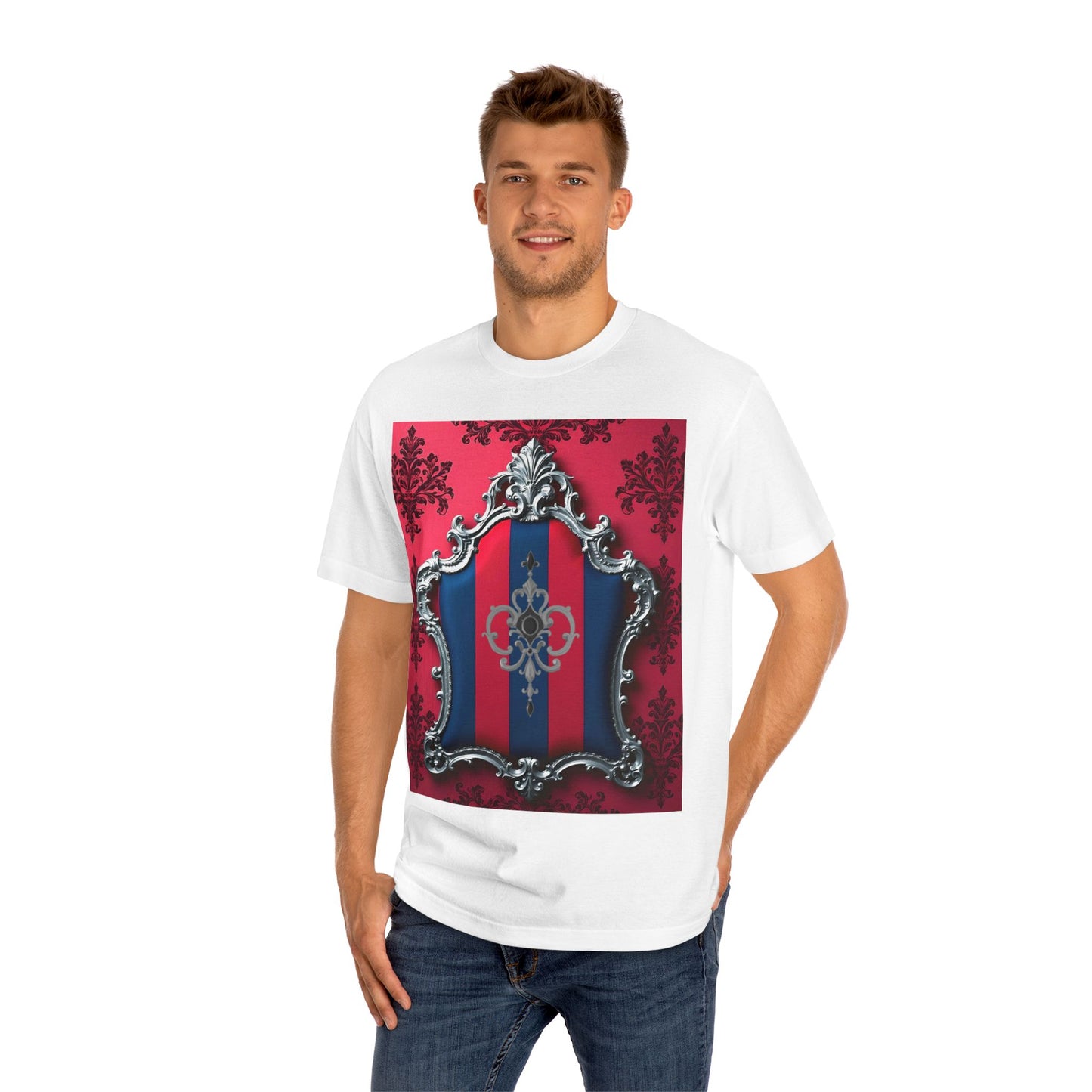 Vintage Couture Shield Unisex Classic Tee, Fashion T-Shirt, Gift for Fashion Lovers, Casual Wear, Unique Graphic Shirt - Blue & Red Striped Silver Crest