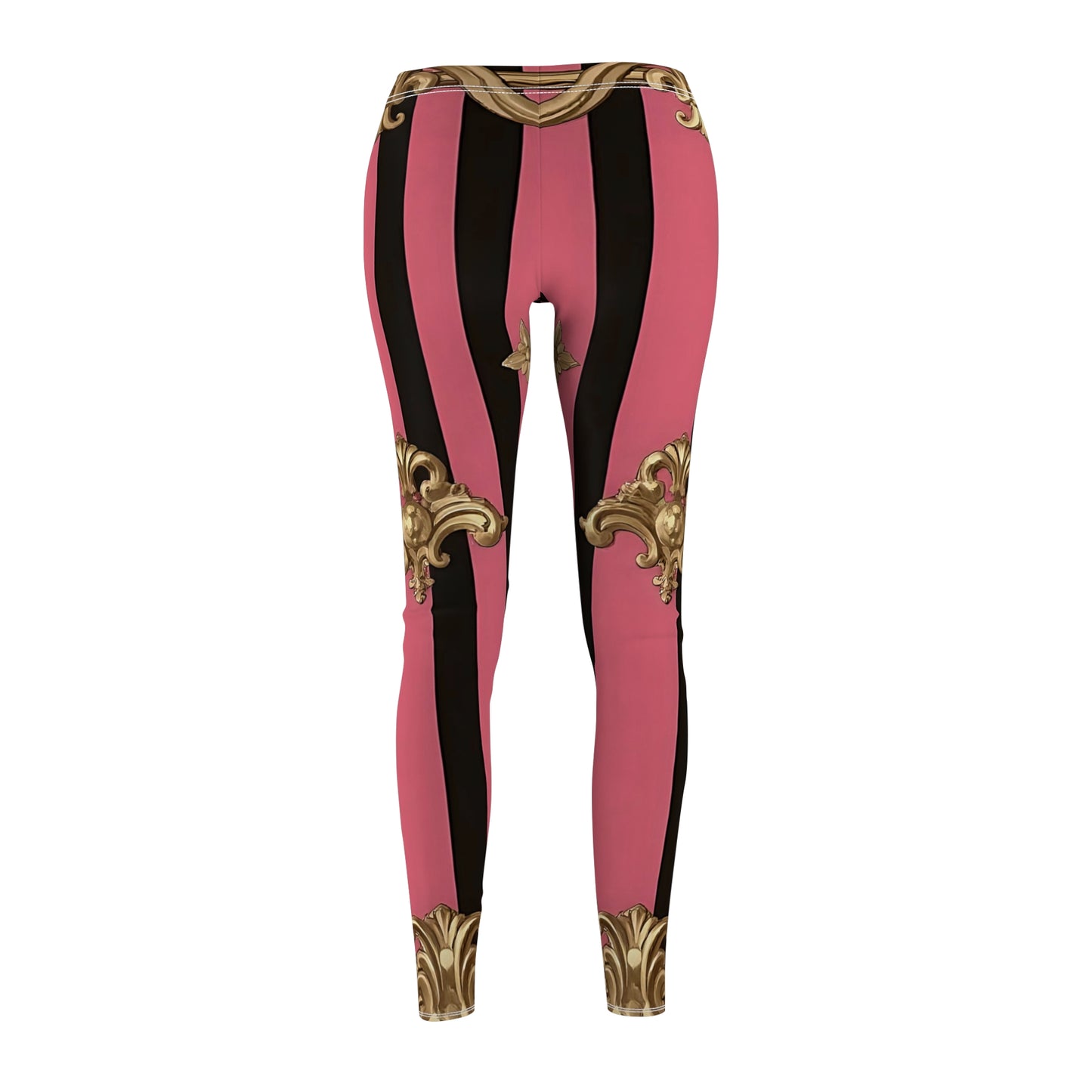Trendy Women's Casual Leggings, Stylish Activewear, Fashion Leggings, Unique Print Yoga Pants, Gift for Her - Pink Striped Gold Rococo