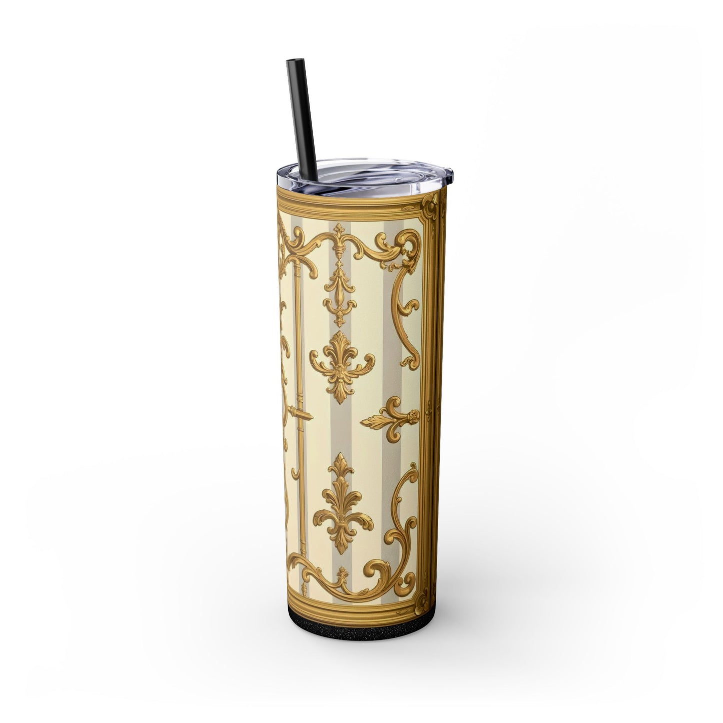 Elegant Vintage Skinny Tumbler with Straw, 20oz - Golden Baroque Design for Weddings, Parties - Matte Gray & Cream Striped Gold Baroque