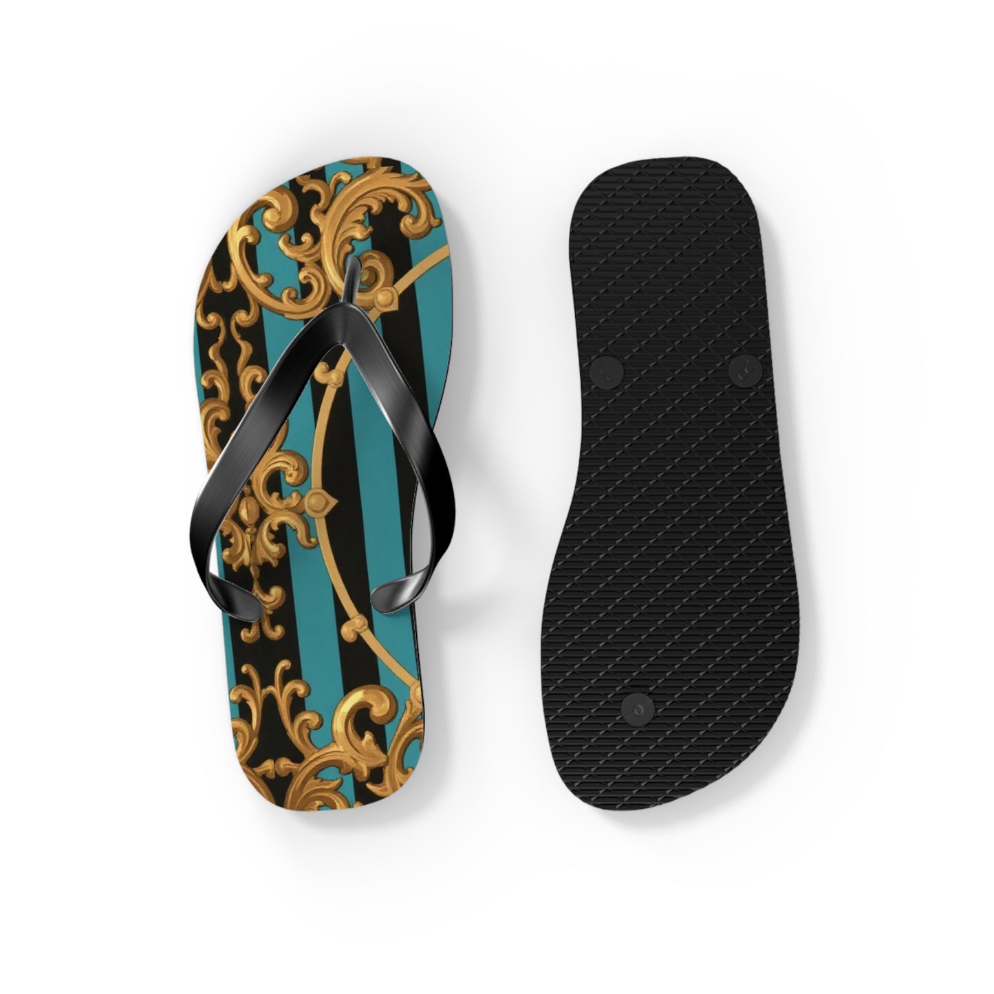 Elegant Turquoise & Black Striped Gold Baroque Patterned Flip Flops for Beach, Summer Vibes, Vacation Essentials, Stylish Footwear