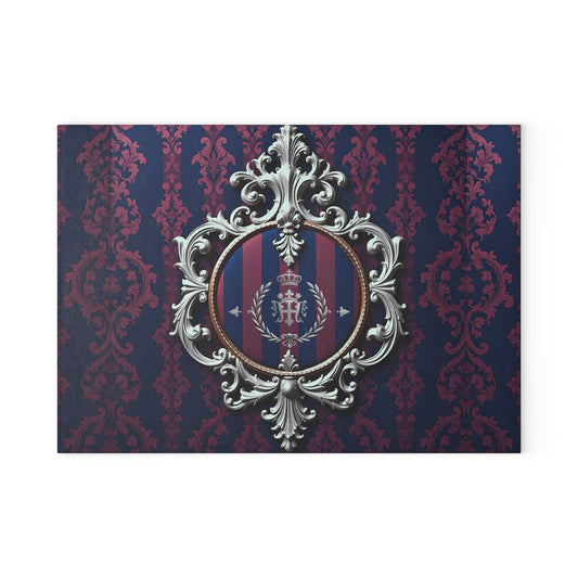 Elegant Vintage Glass Cutting Board with Decorative Design, Kitchen Gift, Culinary Art, Wedding Present, Home Décor - Blue & Plum Striped Silver Crest