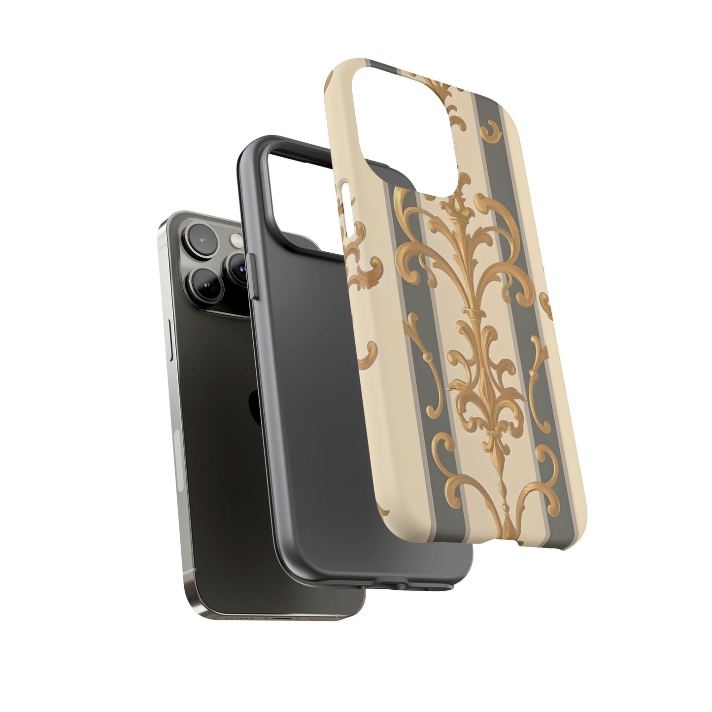 Elegant Floral Motif Phone Case - Tough Cases with Vintage Design - Dusk Olive Striped Gold Damask