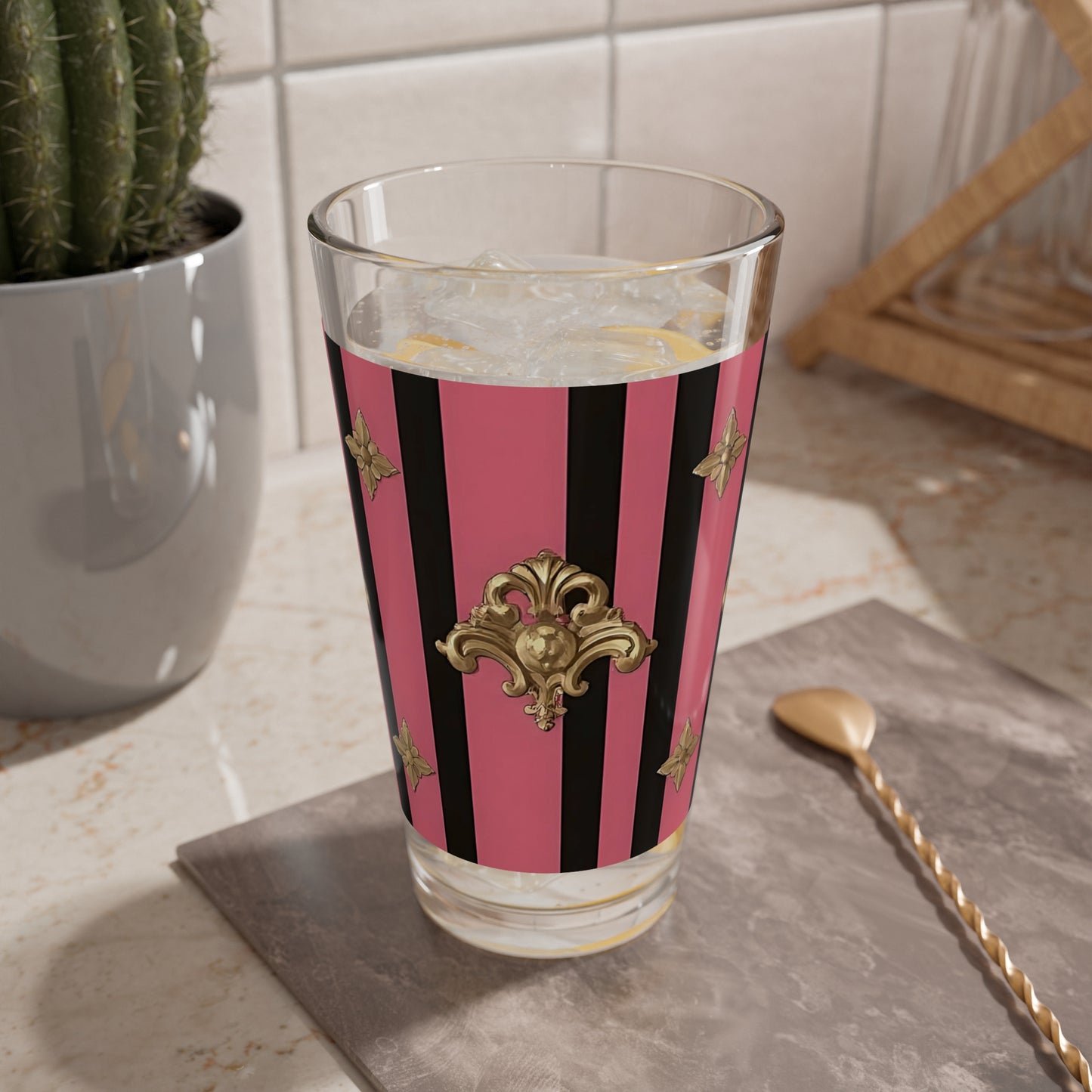 Chic Mixing Glass, 16oz Decorative Drinkware, Elegant Barware, Birthday Gift, Retro Kitchen Decor, Stylish Cocktail Glass - Pink Striped Gold Rococo