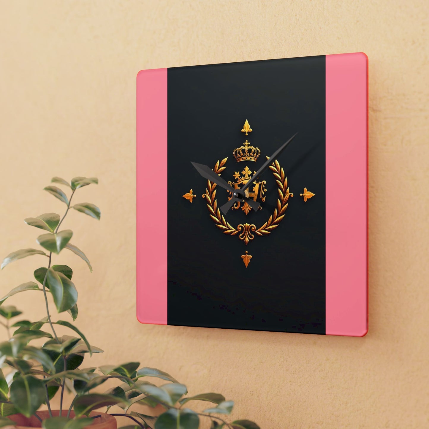 Royal Emblem Acrylic Wall Clock | Elegant Home Decor, Modern Wall Art, Gift for Her, Office Decor, Unique Timepiece - Pink Striped Gold Crest