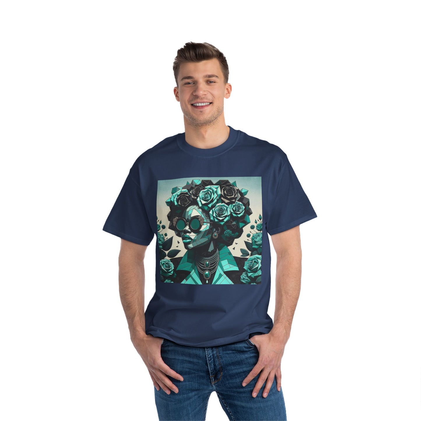 Trendy Floral Graphic Tee | Artistic Short-Sleeve Shirt, Fashionable Summer Top, Chic Gift for Her - Turquoise & Black Roses Lady