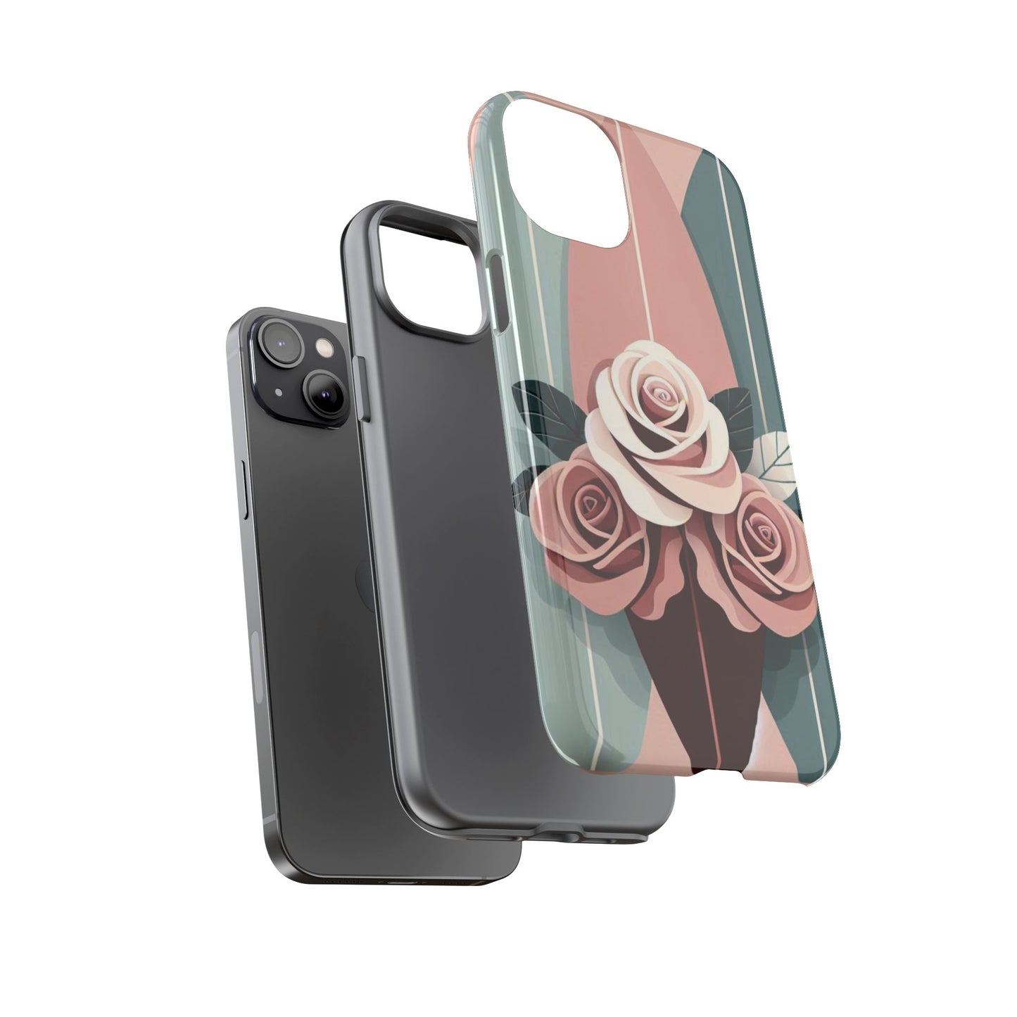 Phone Case - Burgundy, Matte Mauve & Teal Surfboard & Roses Design
