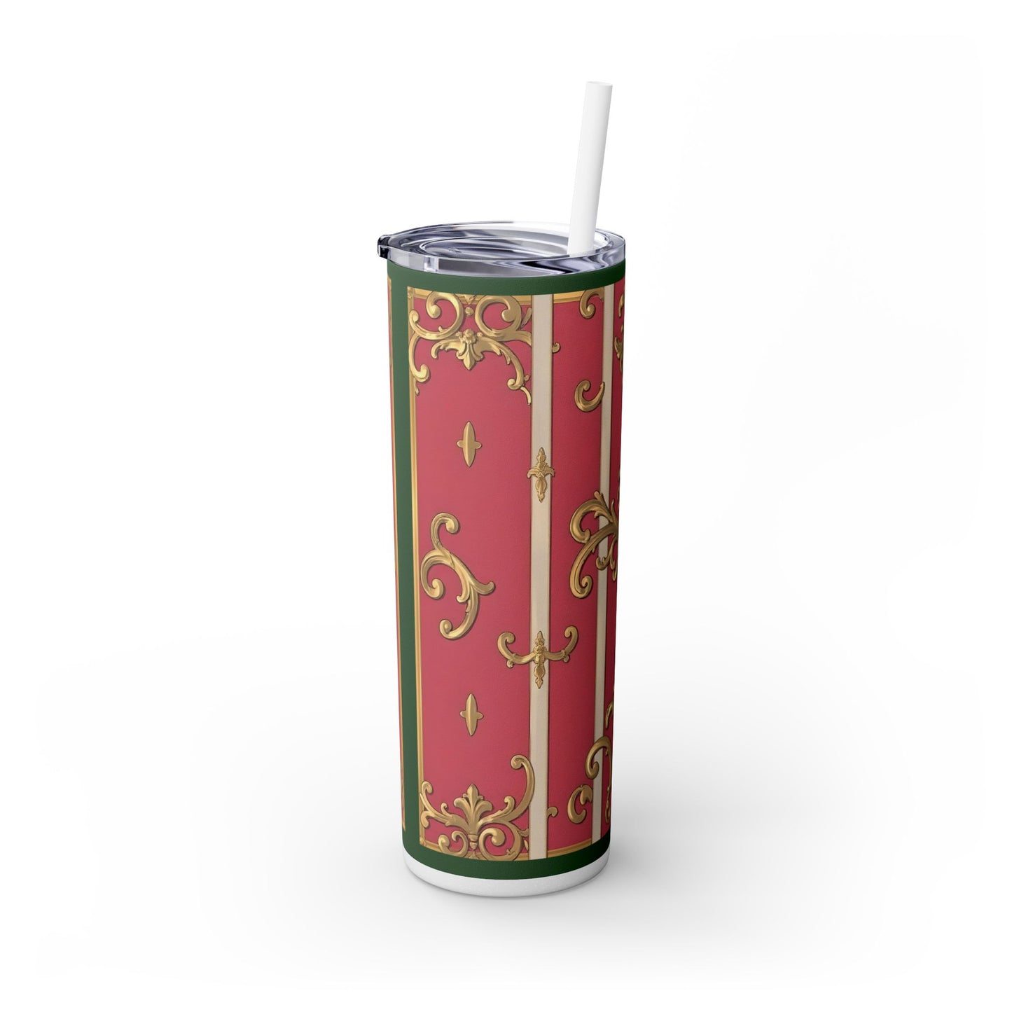 Elegant Green Border Pink Striped Baroque Skinny Tumbler with Straw, Reusable Travel Mug, Gift for Her, Fashionable Drinkware