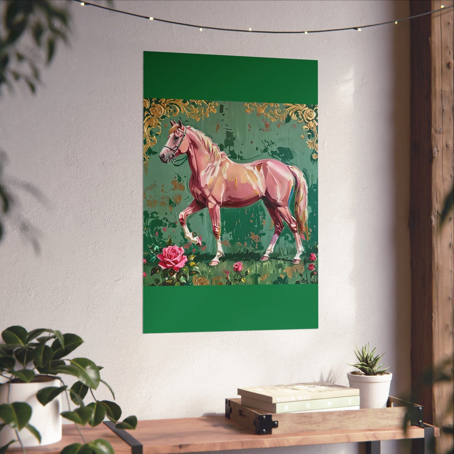 Floral Motif Art Poster - Elegant Matte Vertical Wall Decor - Pink Horse With Gold Damask & Roses