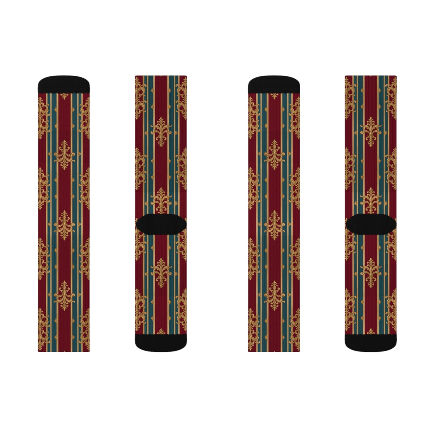 Elegant Unisex Patterned Sublimation Socks, Stylish Dress Socks, Unique Gift, Cozy Fashion Accessory - Burgundy Striped Gold Baroque