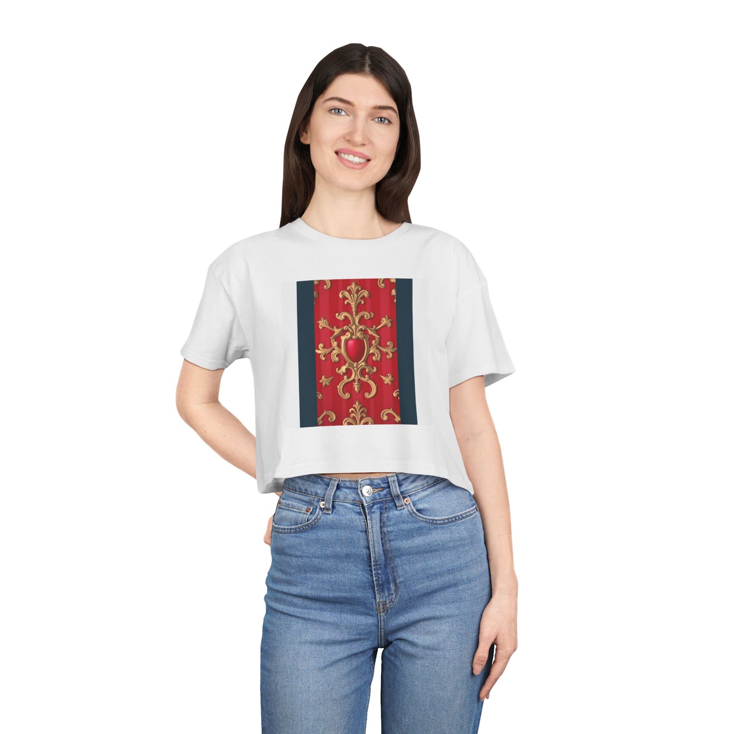 Women's Vintage Floral Crop Tee, Casual Summer Top, Bohemian Fashion, Trendy T-Shirt, Vacation Outfit - Blue, Red & White Striped Baroque
