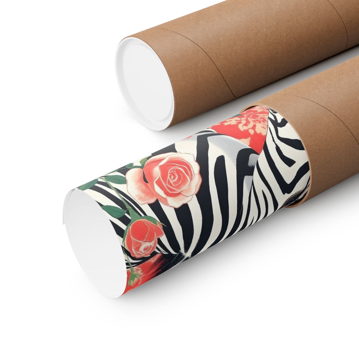 Floral Art Poster - Elegant Matte Vertical Wall Decor - Zebra With Coral Roses & Damask