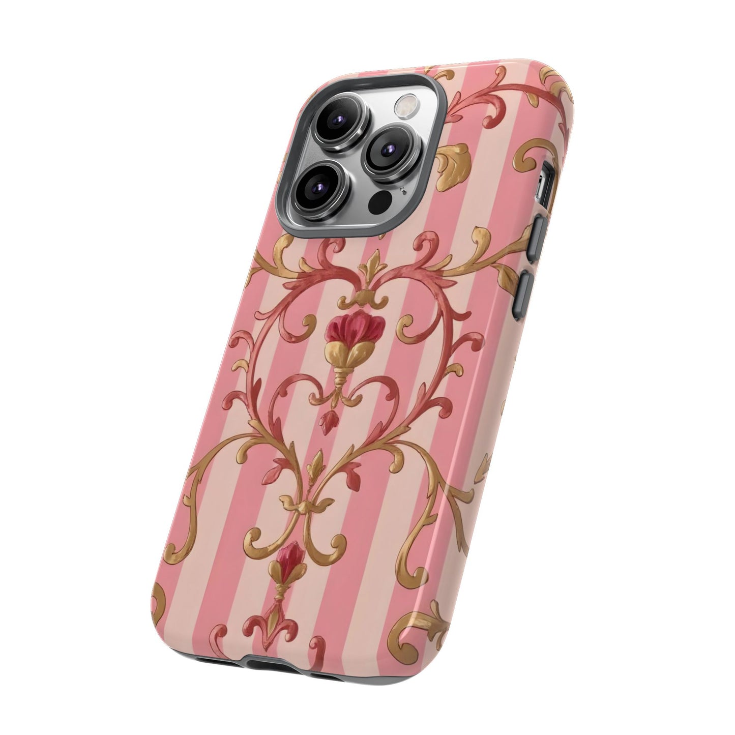 Elegant Floral Motif Phone Case - Tough Cases with Vintage Design - Pink Striped Rose Gold Damask