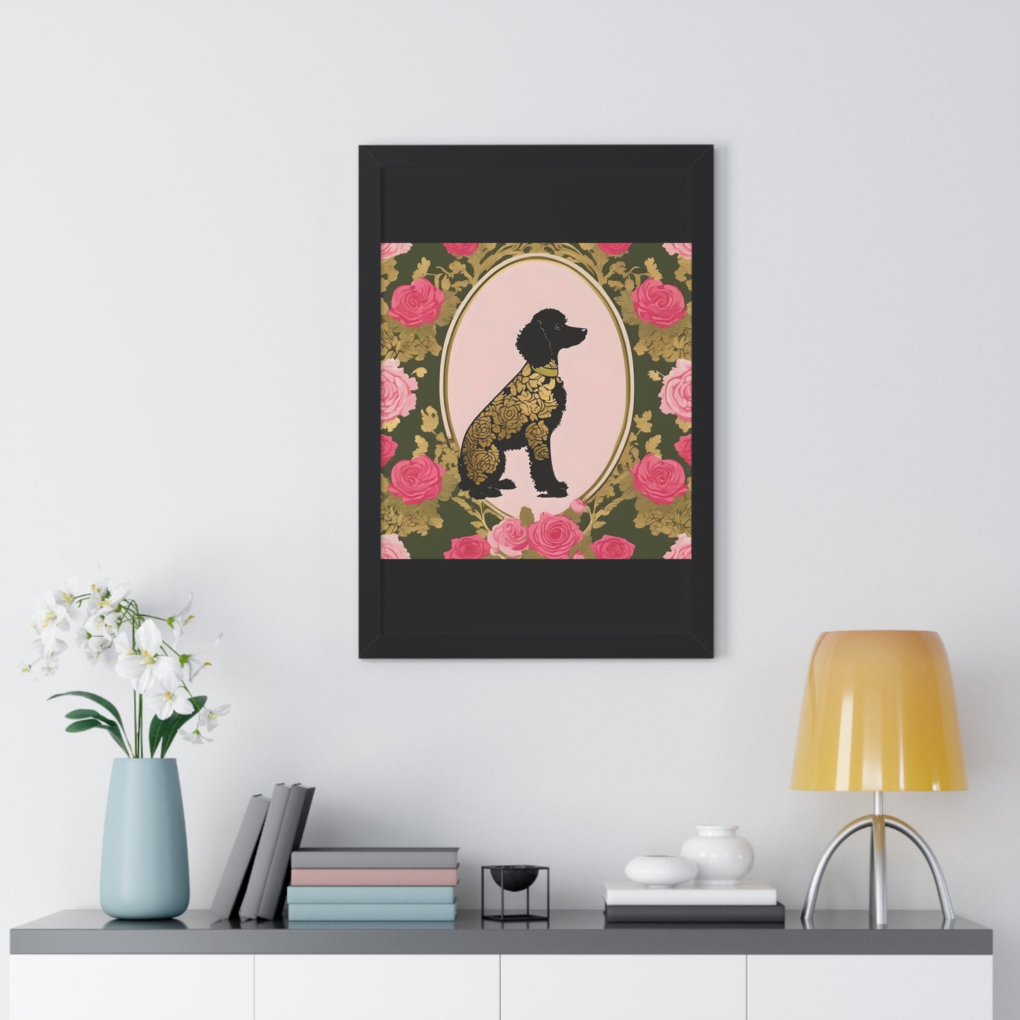 Vertical Poster - Stylish Framed - Art for Home Decor - Damask Black & Gold Poodle in Olive & Pink Roses
