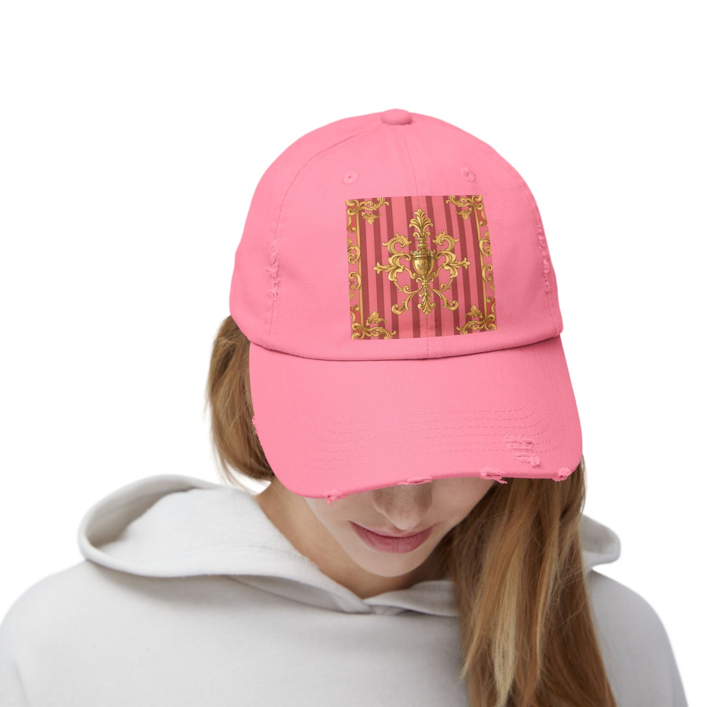 Chic Distressed Unisex Cap - Trendy Accessories for Style Lovers, Everyday Wear, Fashion Statement, Birthday Gift - Pink Striped Gold Baroque