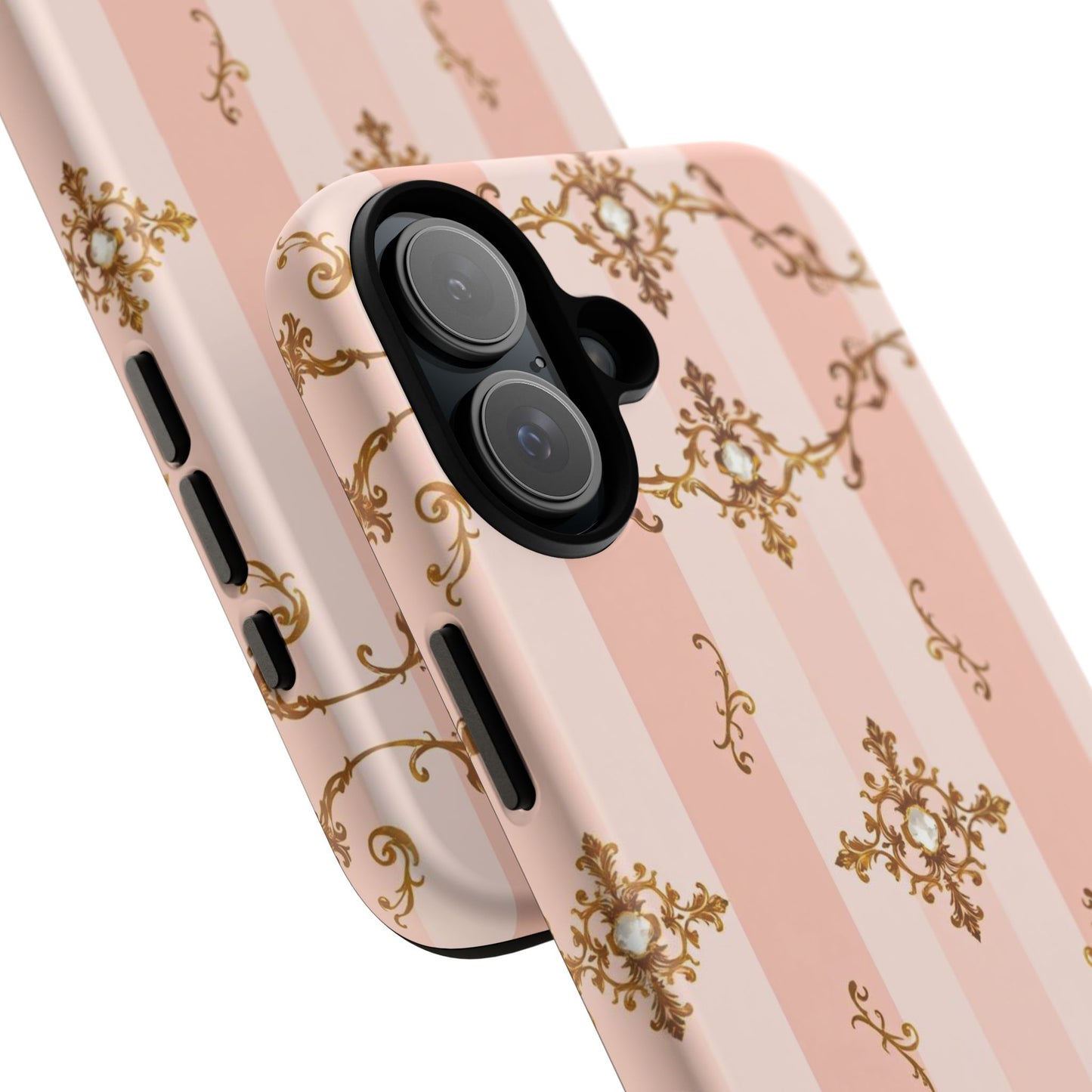 Elegant Floral Phone Case, Tough Cases for Women, Trendy Phone Cover, Chic Gift - Pink Jeweled Striped Gold Baroque