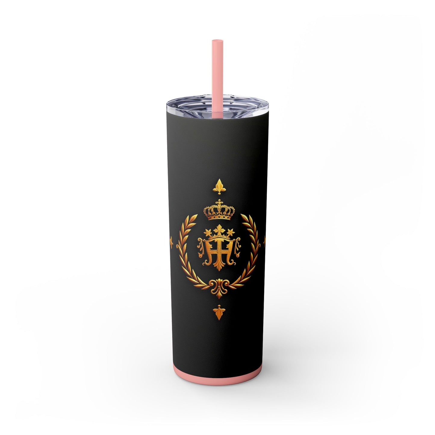 Elegant Royal Themed Skinny Tumbler, Chic Drinkware for Parties, Daily Hydration, Gifts for Her, Travel Mug, Reusable Straw - Pink Striped Gold Crest