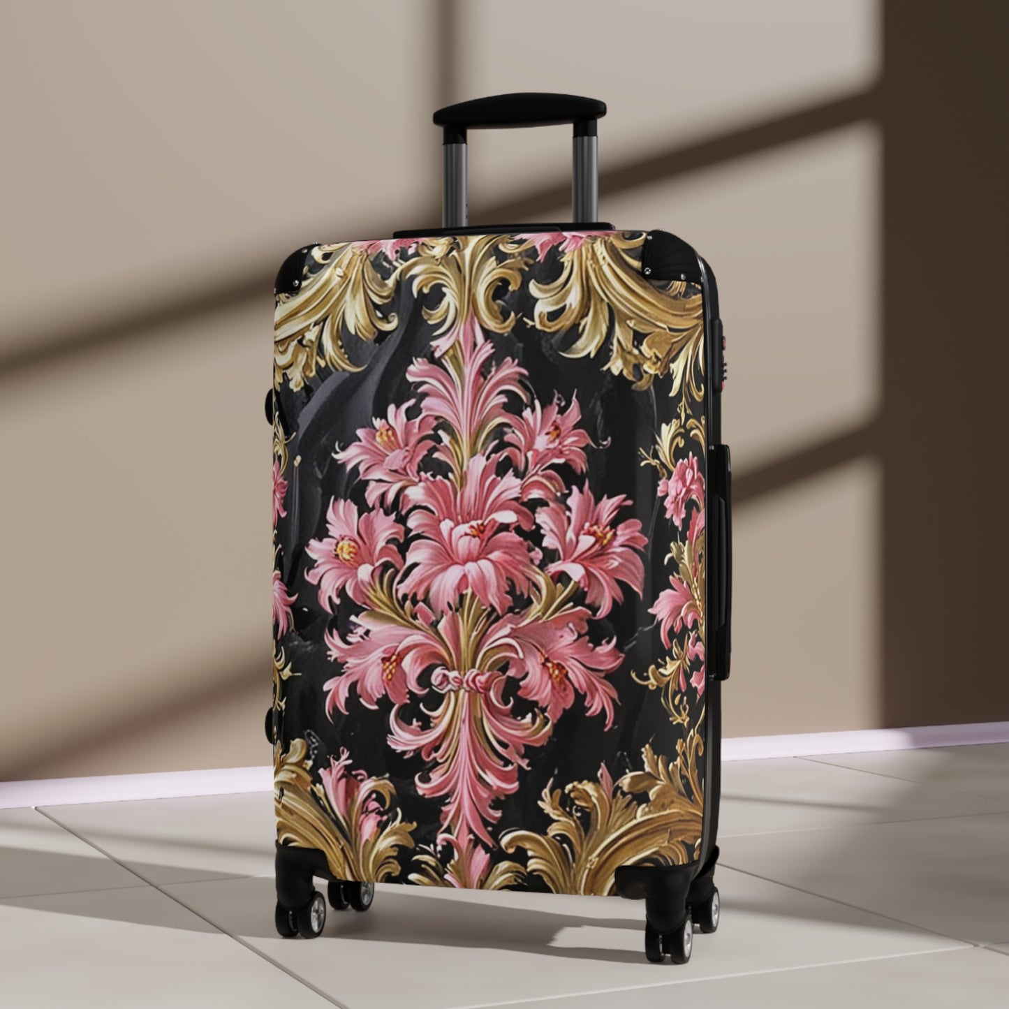 Elegant Floral Suitcase - Travel Luggage, Chic Carry-On, Stylish Baggage, Vintage-Inspired Design - Black & Pink Oil Painting Style Rococo