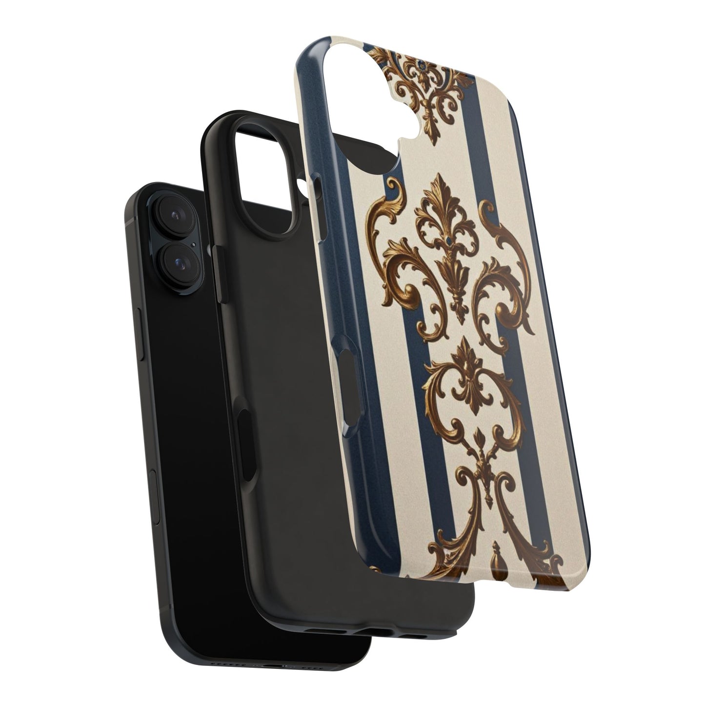 Damask Tough Phone Case - Alabaster & Blue Striped Damask