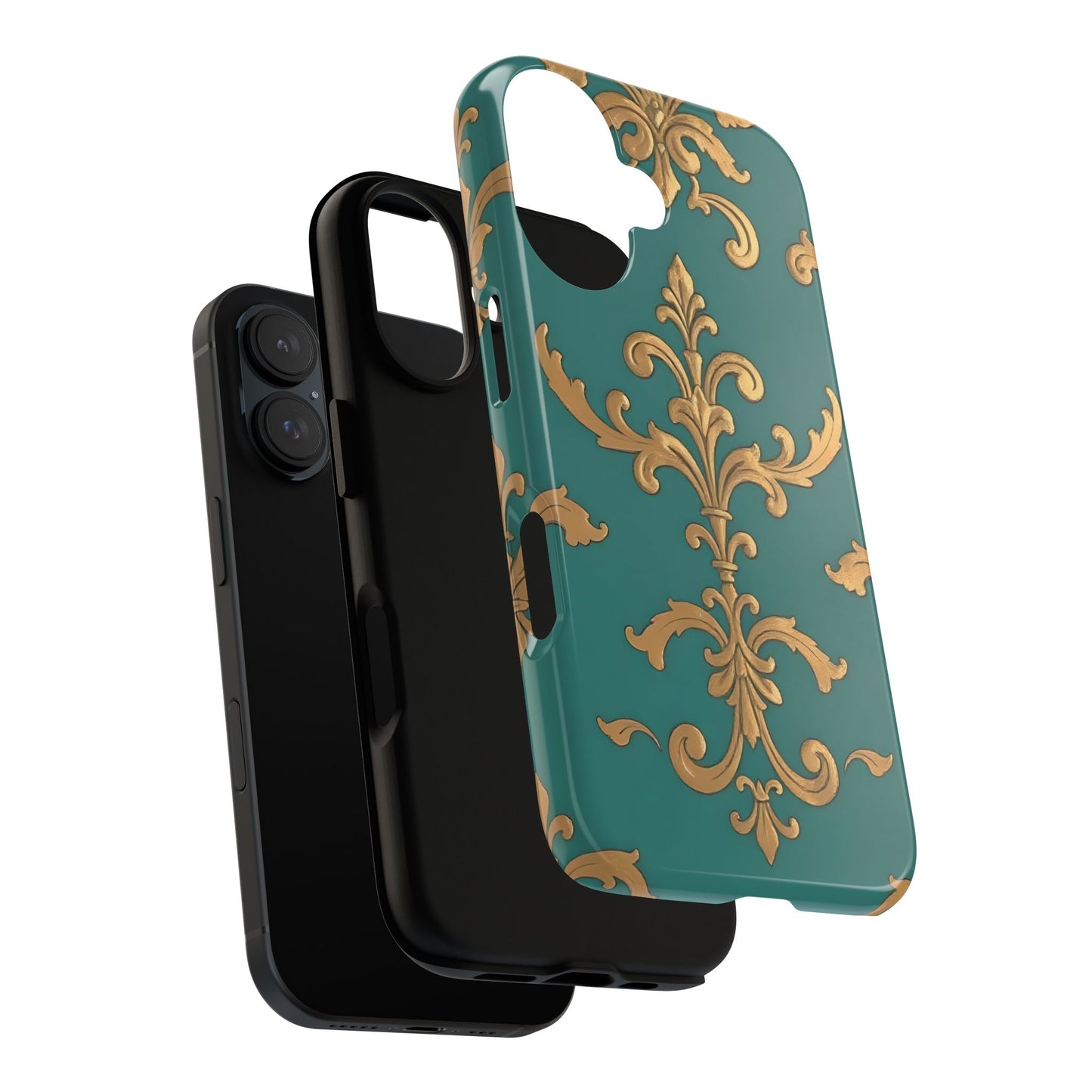 Elegant Floral Motif Phone Case - Tough Cases with Vintage Design - Aqua & Gold Damask