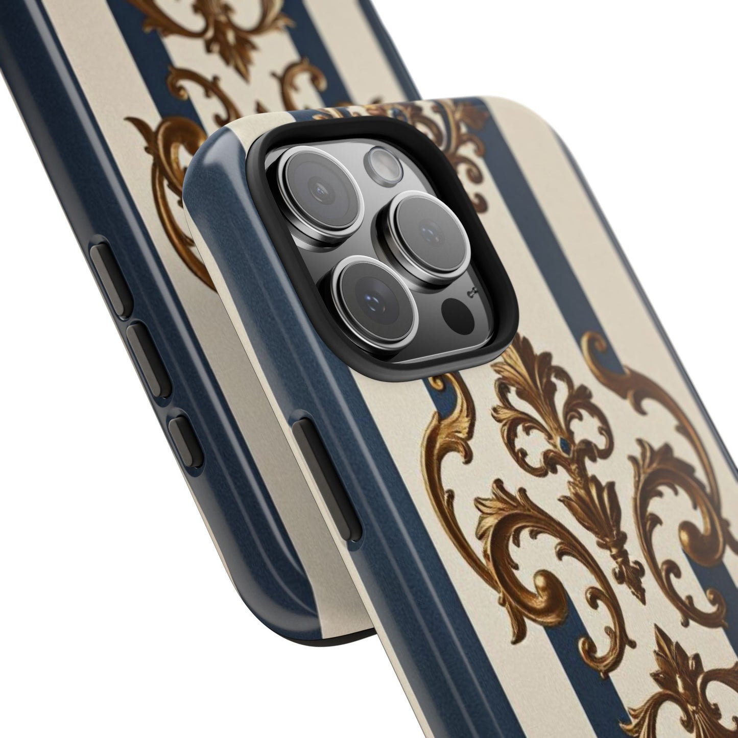Damask Tough Phone Case - Alabaster & Blue Striped Damask
