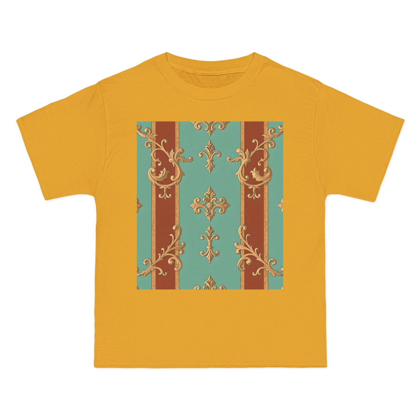 Elegant Vintage Patterned T-Shirt | Vintage Style Tee, Casual Wear, Retro Aesthetic - Rust & Mint Aqua Striped Baroque