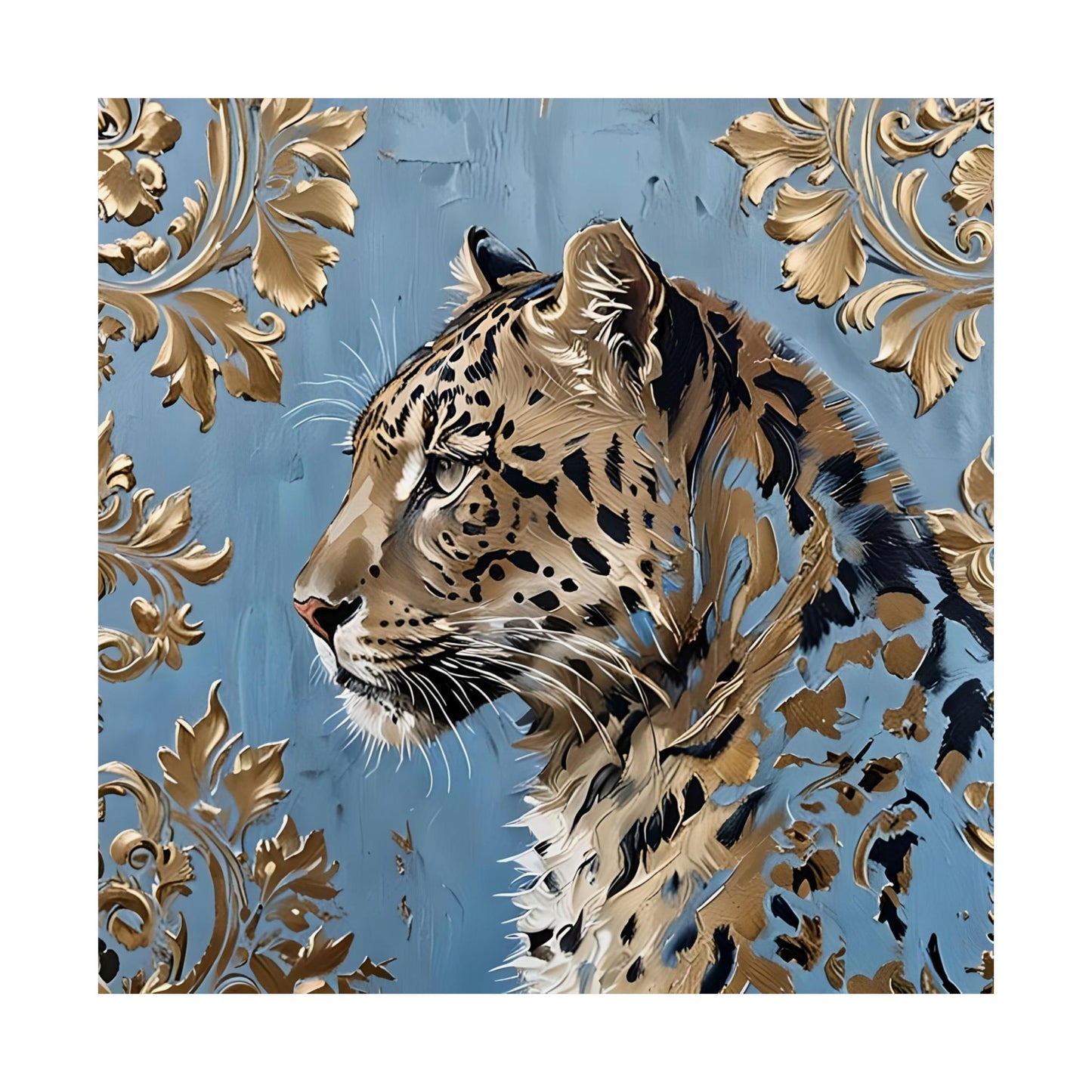 Floral Motif Art Poster - Elegant Matte Vertical Wall Decor - Leopard In Blue & Gold Damask