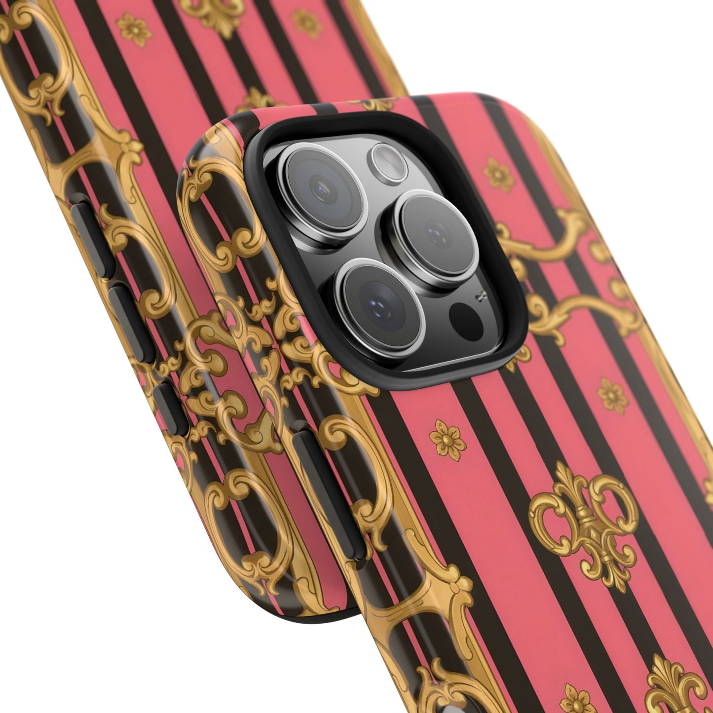 Elegant Baroque Tough Phone Cases, Stylish Protection, Gift for Her, Trendy Accessory - Pink & Black Striped Gold Baroque