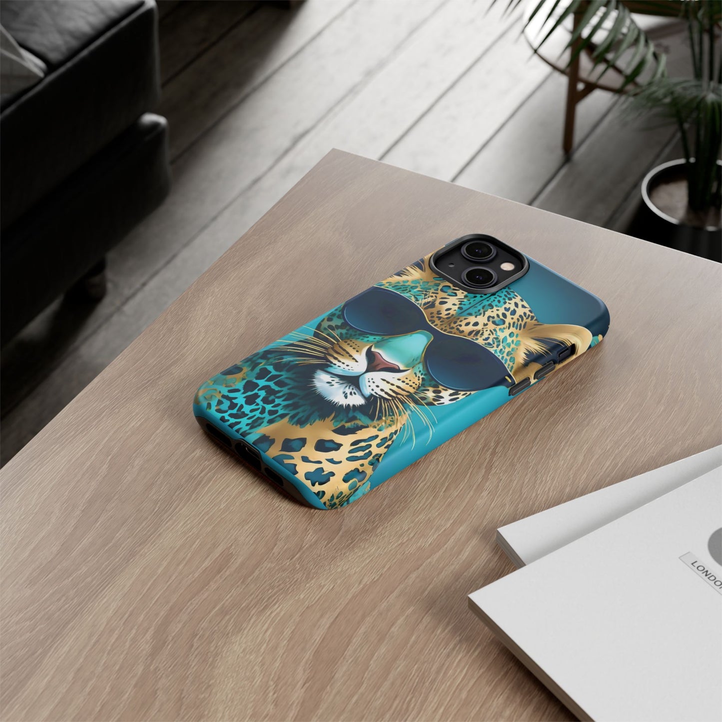 Phone Case - Aqua & Gold Leopard In Sunglasses Design