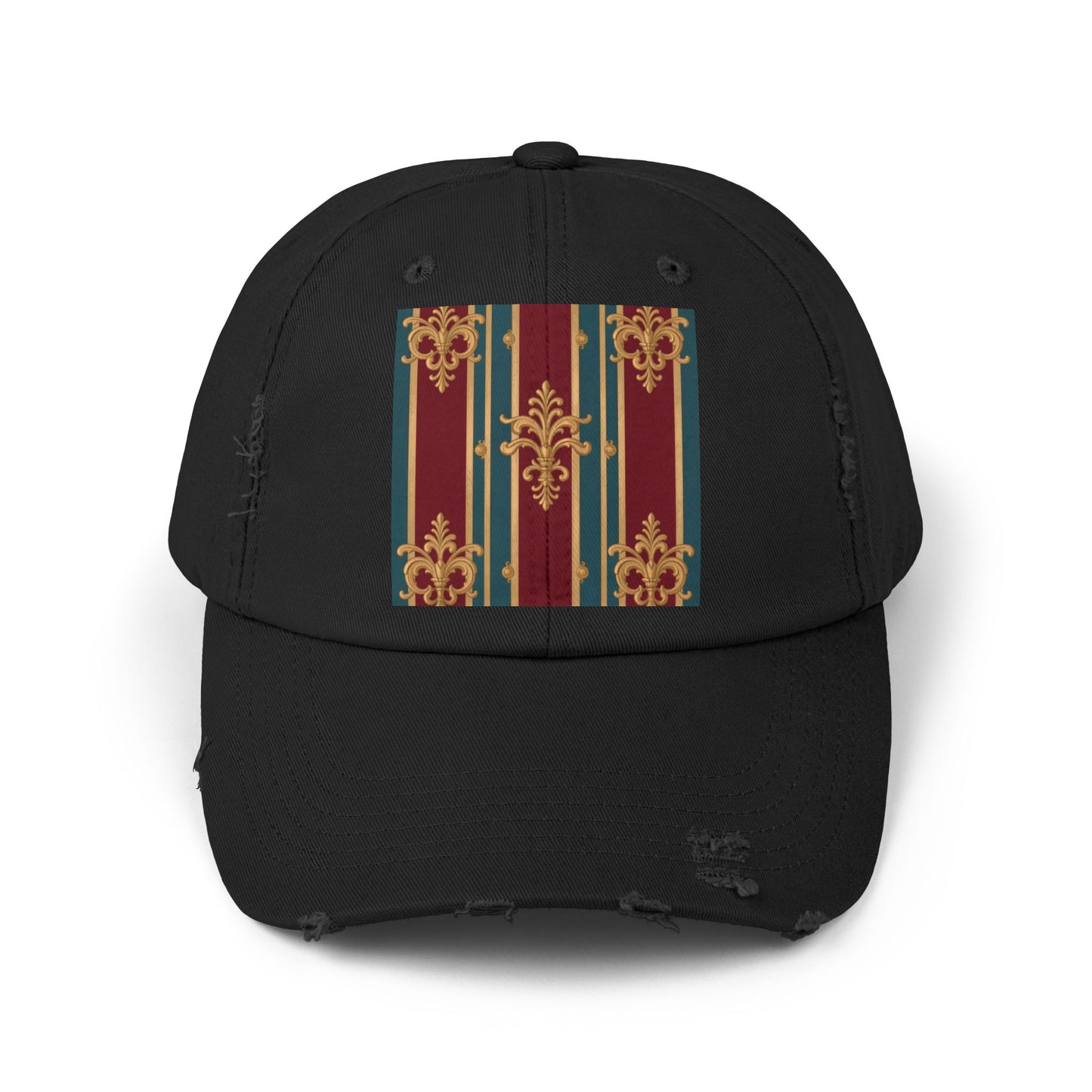 Stylish Unisex Distressed Cap with Vintage Striped Design, Casual Wear, Outdoor Activities, Gift for Him/Her - Burgundy Striped Gold Baroque