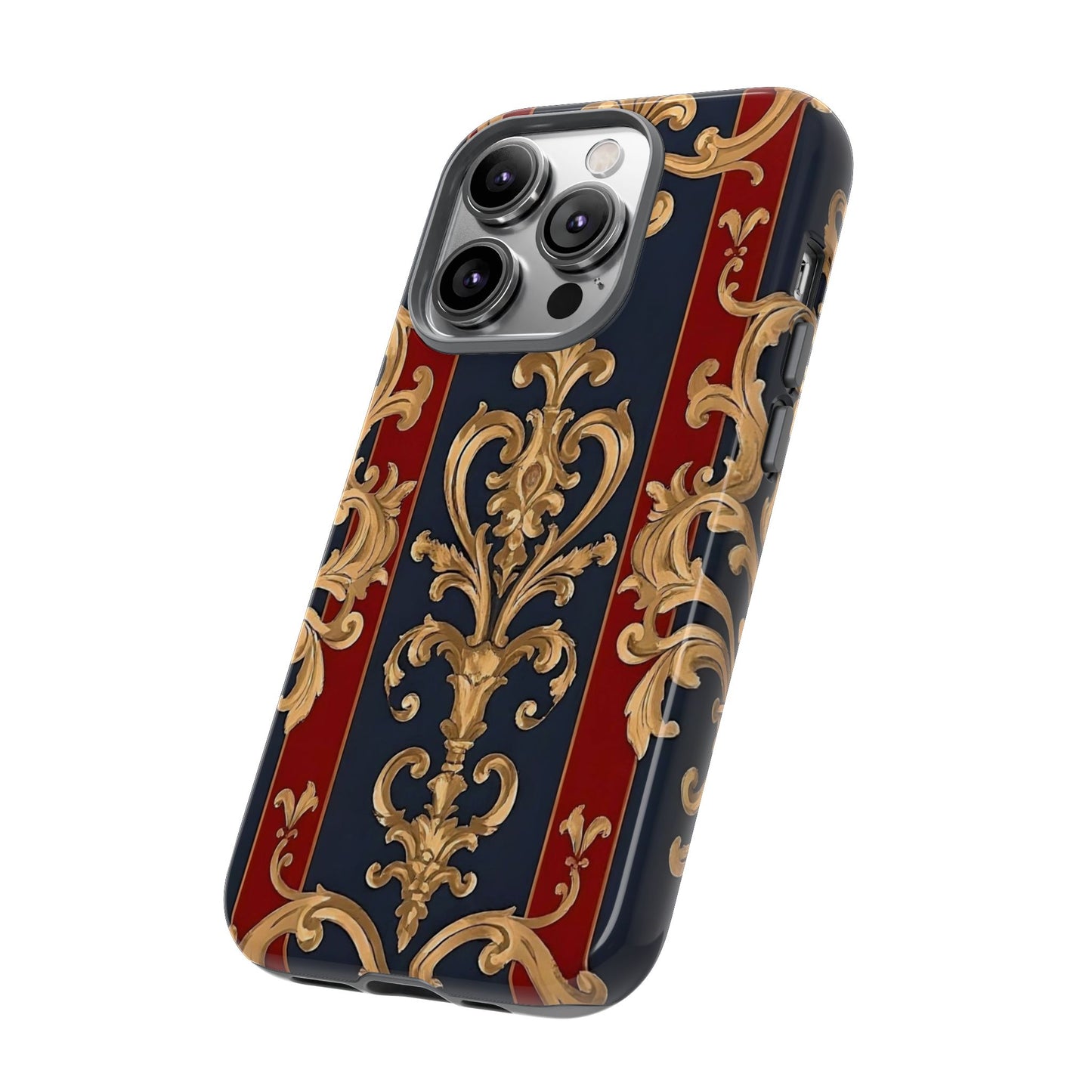 Elegant Floral Motif Phone Case - Tough Cases with Vintage Design - Midnight Blue & Dusk Red Striped Gold Damask