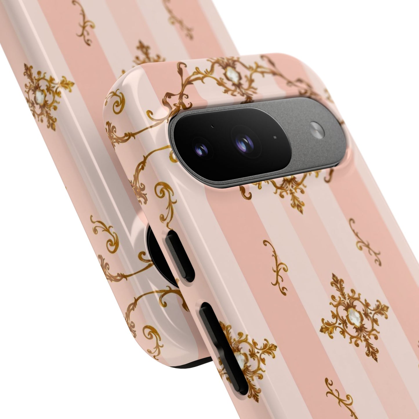 Elegant Floral Phone Case, Tough Cases for Women, Trendy Phone Cover, Chic Gift - Pink Jeweled Striped Gold Baroque