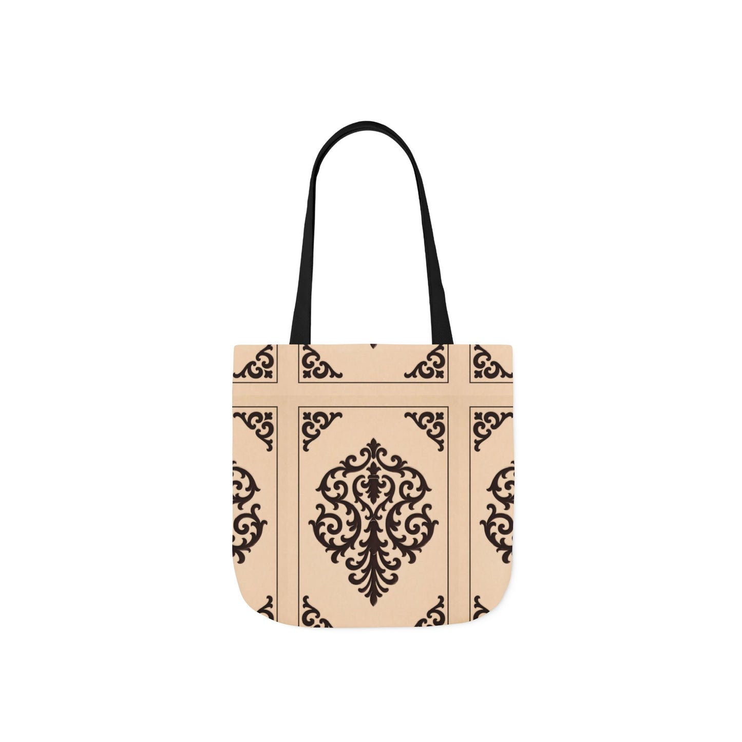 Almond-Beige & Brown Baroque Canvas Tote Bag — Elegant Vintage Pattern Beach & Market Bag