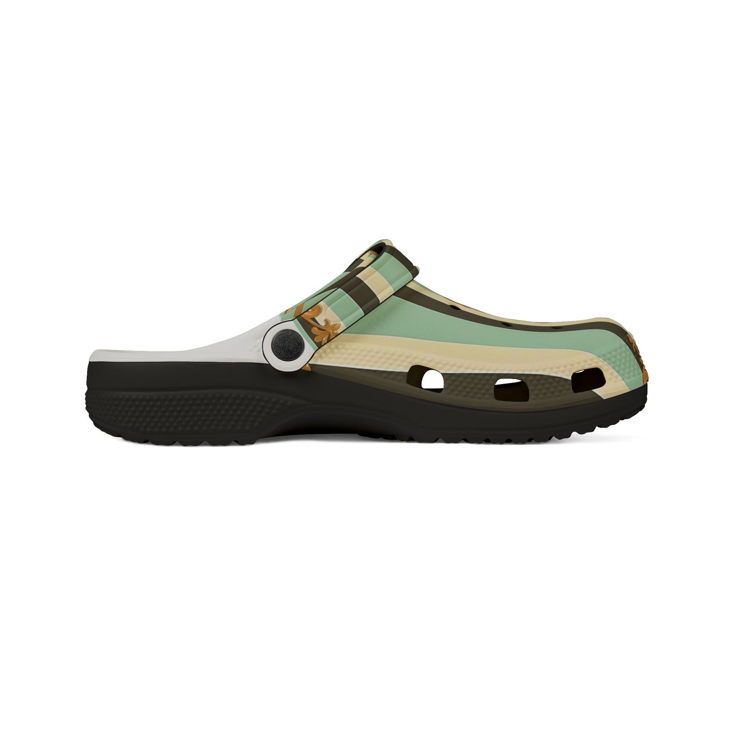 Stylish EVA Foam Rubber Shoes - Unique Printed Clogs for Comfort, Summer Footwear, Garden Use - Black & Matte Mint Striped Rococo