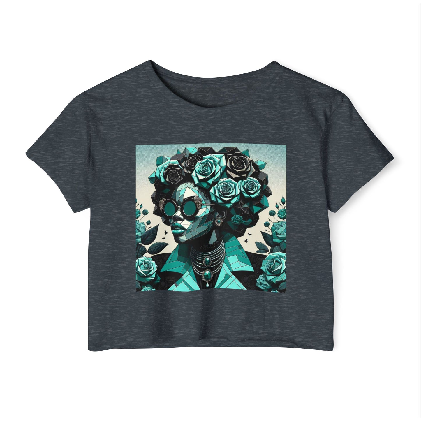 Women's Festival Crop Top with Artistic Floral Design, Boho Clothing, Trendy Summer Style, Perfect for Music Festivals - Turquoise & Black Roses Lady